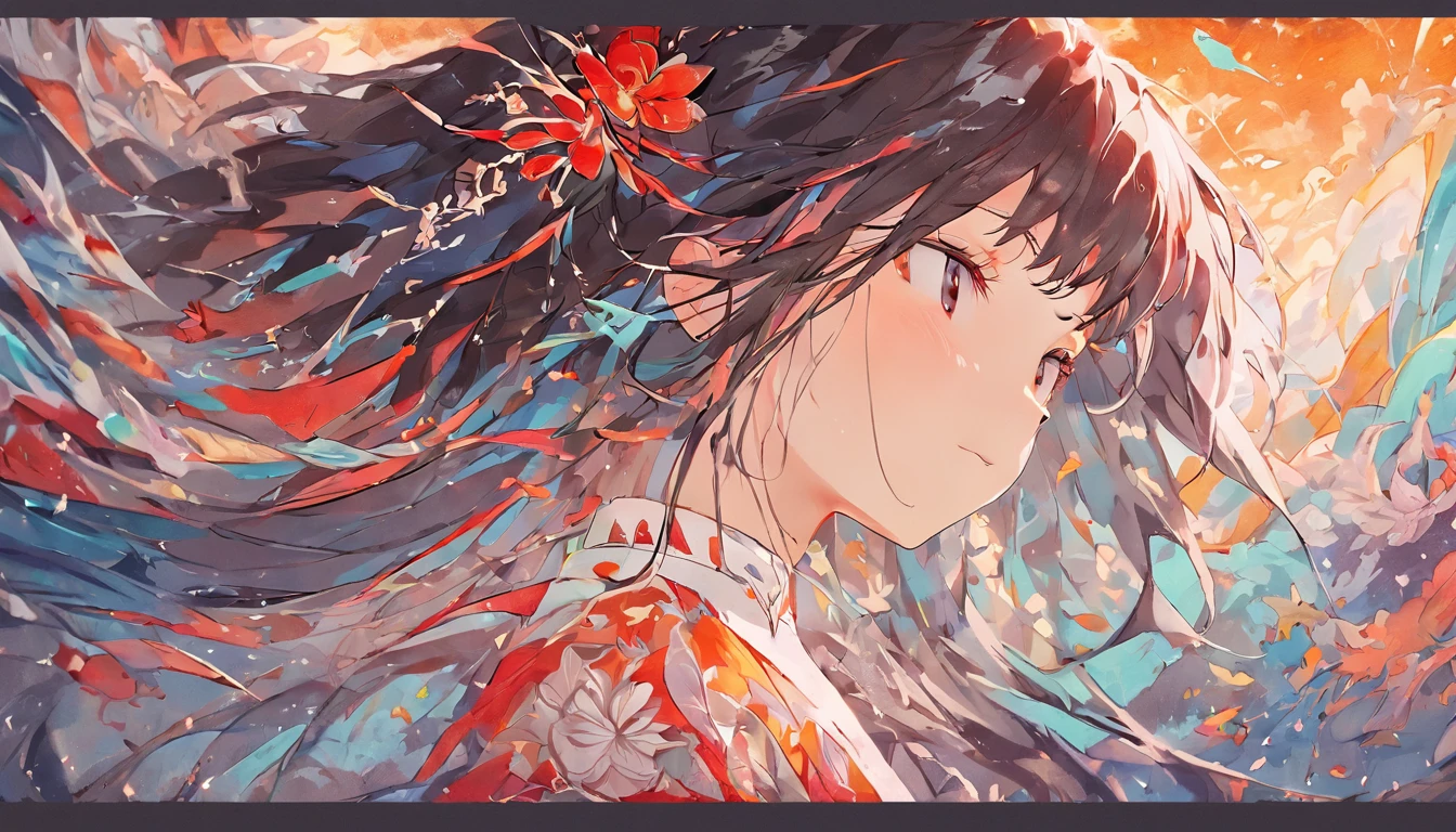 (White background:1.4),(Silhouette of a girl's head, Eyes closed, colorfull long hair, Oriental elements)，(Chinese illustration:1.3，paper art:1.3, Quilted paper art:1.2),( reasonable design, Clear lines, High sharpness,Best quality, Very detailed, Masterpiece, movie light effect, 4K )