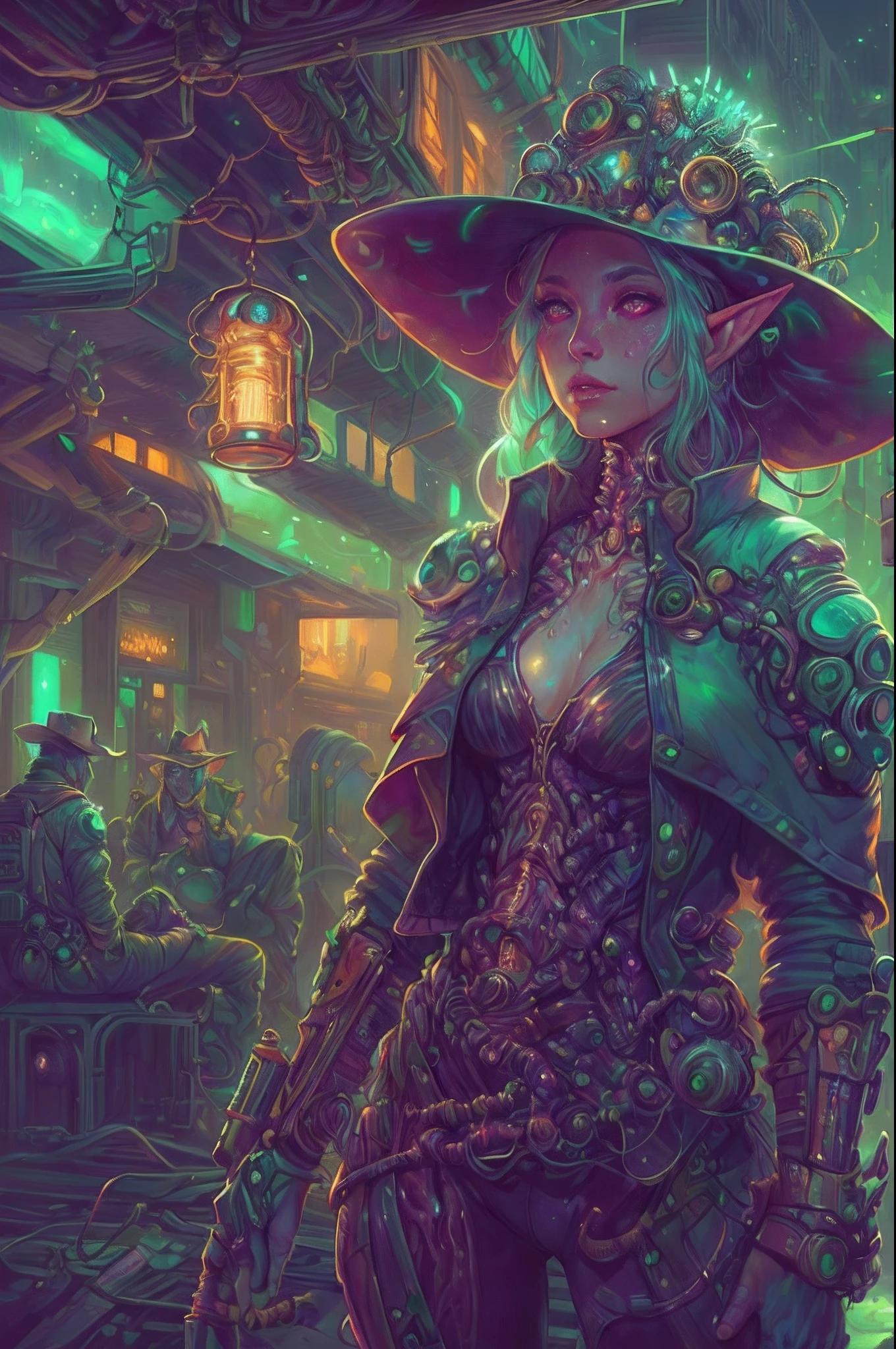 Amazing anatomy, (beautiful female Elf Biopunk), cowboy shot, biopunk city background, (slimy, organic, glistening, bioluminescence), (64k ultra hd:1.1), (art by apterus, art by dan mumford, art by lovecraft:1.2), best quality, cgsociety, trending on ArtStation.