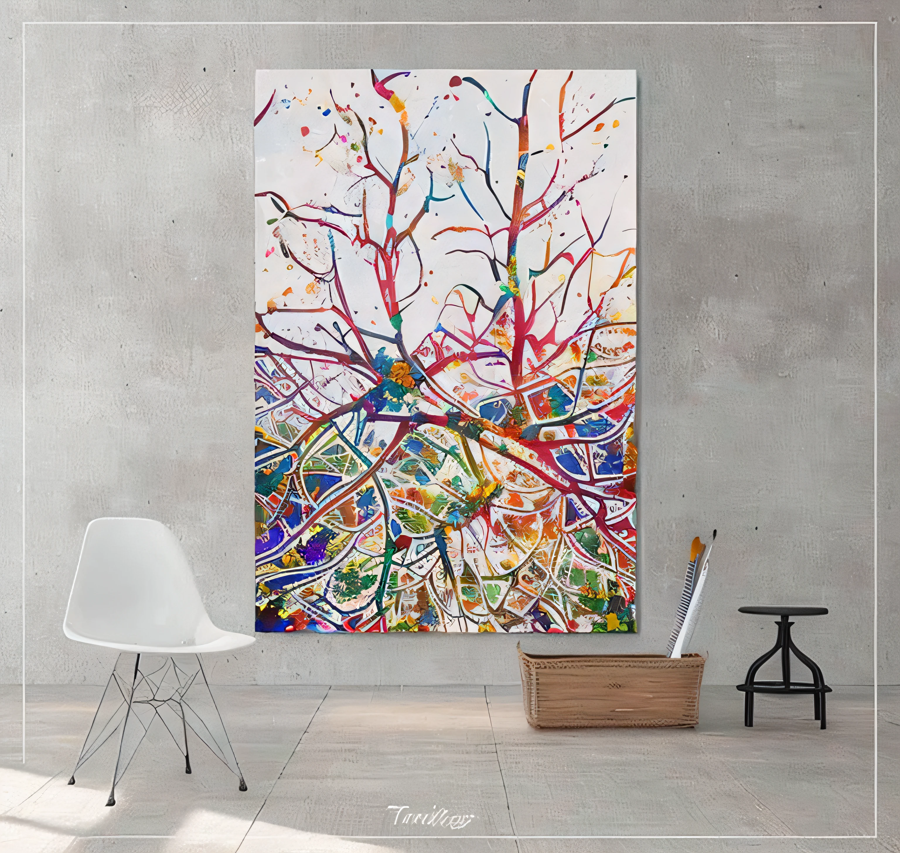A painting of a tree,There are colorful branches on it, colorfull painting, Poster color on canvas, intricate organic painting, canvas art print, Neural acrylic paint, Colorful explosions, Colorful painting, Summary of branch composition, colorful art, Color explosion, art canvas, powerful painting, Colorful explosion, colourful artwork, Intricate and colorful masterpieces, tree of life brains, painting on canvas