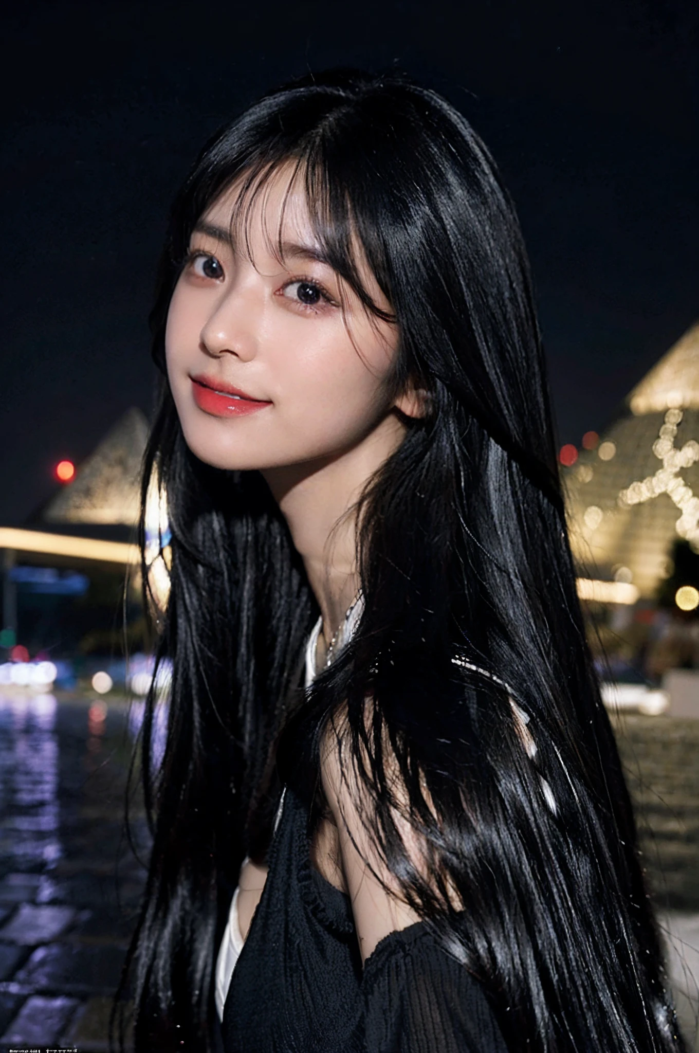 best qualtiy、​masterpiece、photoRealstic、intricate-detail、Photon Rendering、Octane Rendering、absurderes、ultra-detailliert、A detailed face、Detailed skin、Trending in art stations、8K Masterpiece、lighting like a movie、( (1girl in))、((独奏) ))、((Behold))、CG Social Trends、Plastic En、((Black Long Hair))、((Beautuful Women))、(A smile)、((Egyptian pyramid)) 、((A sexy))、Hair that flutters in the wind、((Flowing hair))、Happy、fashion magazine、night view of a background，Wearing black and white clothes with letters written on them，Wearing Extensions，An ultra-high picture quality