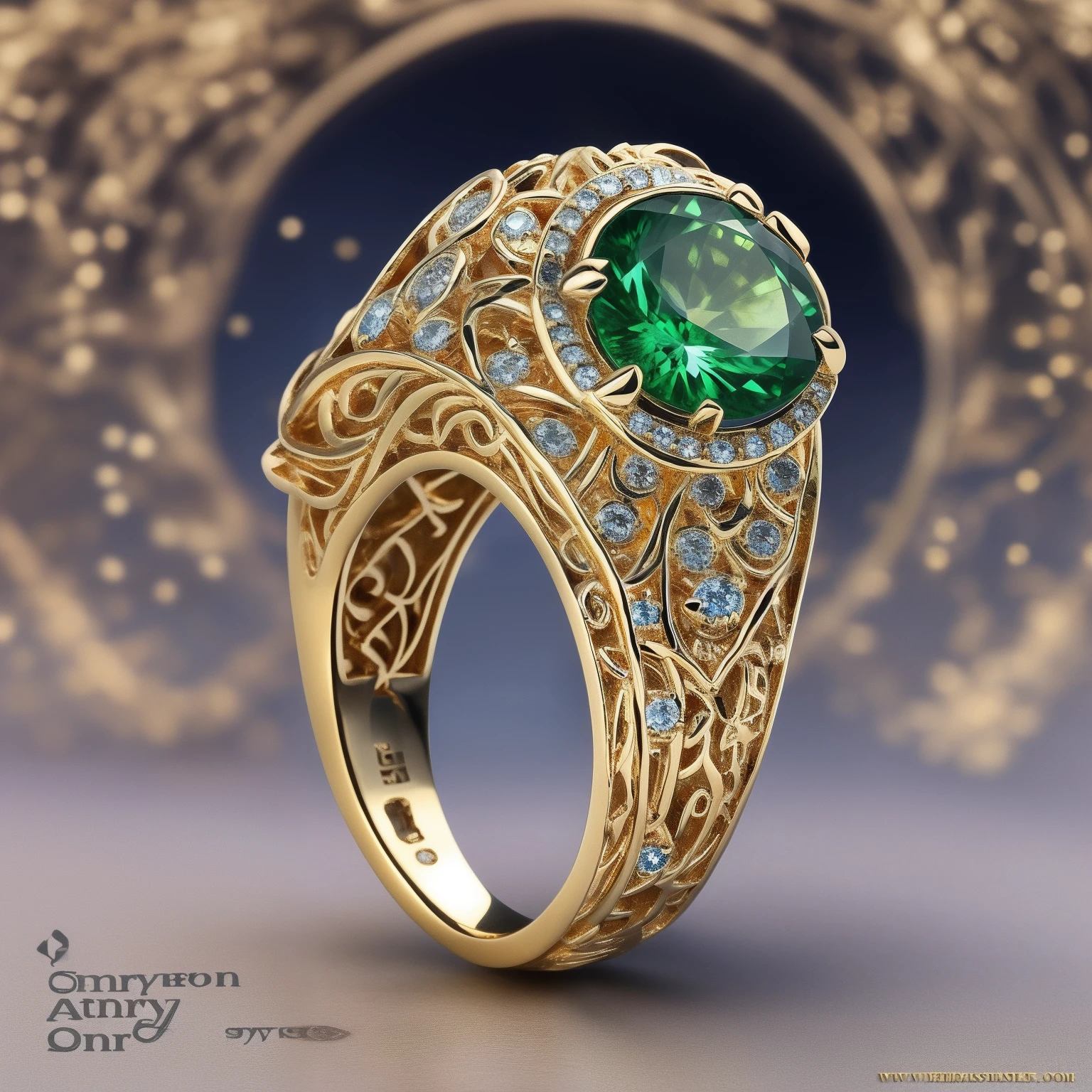 Masterpiece,highest quality,(Nothing but the ring),Beautiful ring, Ultra detailed,(No Man),Animal ring setting,starrysky,Wrapped around the end from beginning to end,Delicate gold ring,Starry sky in the ring,The sheen,inverted image,Sparkling gemstones,Elegant and noble,simple backgound