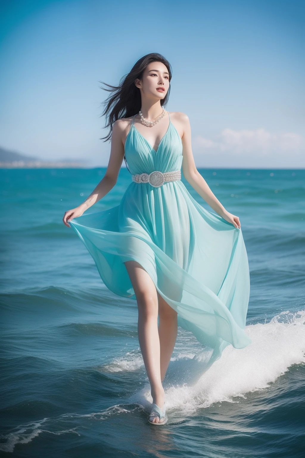 (8k,realisticlying,meticuloso,Very detailed faces,动态照明,Real Human)
Queen of the Sea,Her appearance exudes a mysterious beauty。Her skin was as white as snow,It's like you're ready for the purest sunshine。Her hair was silky smooth,Flashing with a shimmering light,It's like a string of pearls in the ocean。In her eyes,It has a bottomless deep ocean blue,It's as vast as the tide,People are captivated by it。Her face is delicate and elegant,Ruddy lips,The slightly upward curve reveals her natural elegance。Her eyebrows were slightly raised,Looming nodding his forehead,It depicts a picture of birds soaring in the sky。The tip of her slightly upturned nose adds a touch of agility and playfulness to her face。She wears a gorgeous reef green dress,The skirt is woven from the blue microwaves of the ocean,Light and flowy。The skirt is decorated with a flowing seaweed pattern,It was as if it was one with her body。Her slender waist is outlined by a thin belt embellished with crystals,Like a chain of pearls in the ocean,Exudes unparalleled brilliance。She wears a coral stone bracelet on her wrist,coloured with lots of colour,A warm glow flows。She also had some pearl necklaces and aquamarine earrings shimmering on her,It adds a sense of grandeur and nobility to her entire image。At her feet,It is a pair of sandals made of transparent shells,It's like the waves crashing on the beach。Every step she took,All accompanied by the soft sound of the breeze blowing,It's like playing a song of the ocean。This queen of the sea is so beautiful and mysterious,The breath revealed by her body captivated every viewer,It's like being in a mysterious and beautiful ocean kingdom,on water