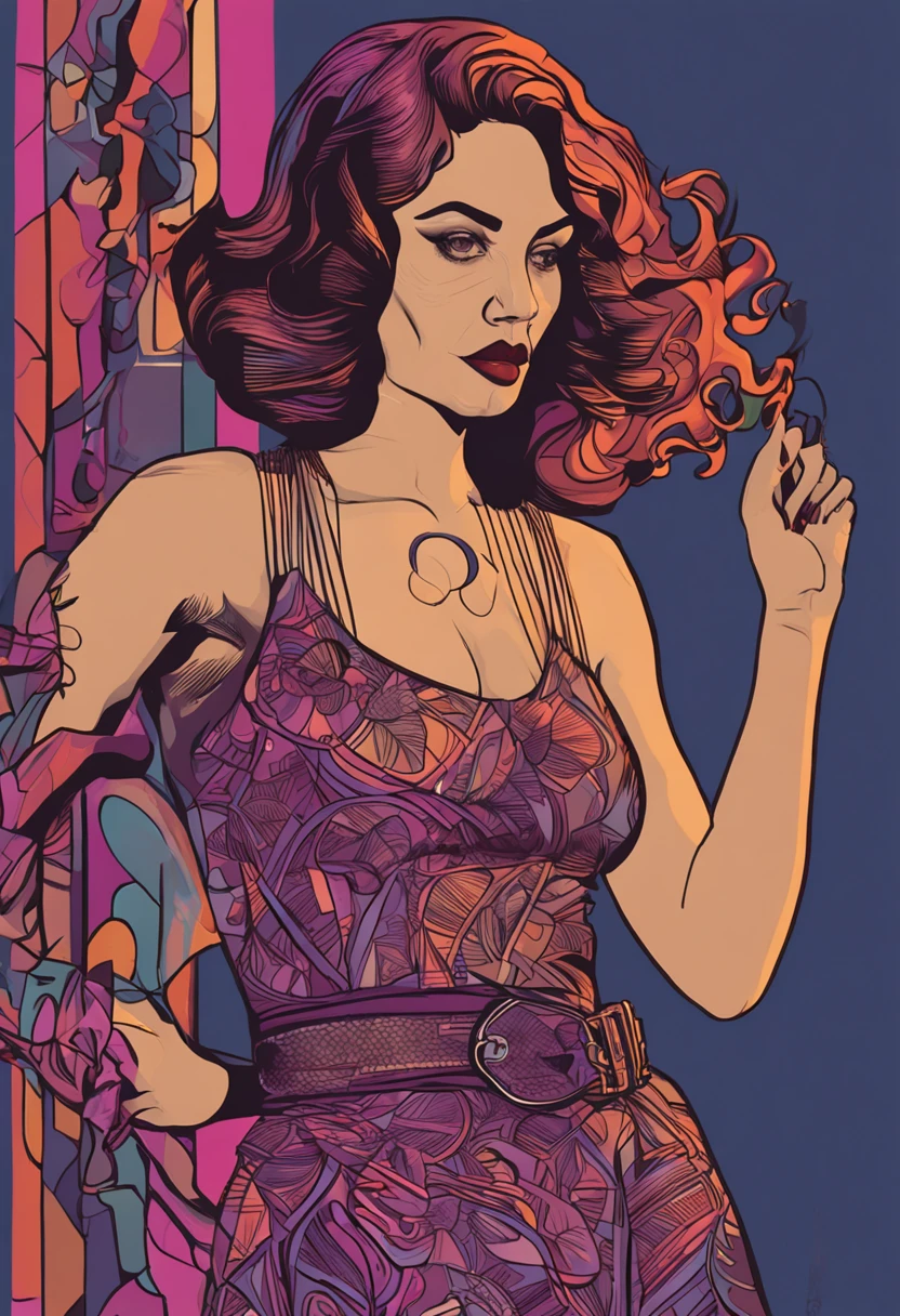 Retrato arafed de uma mulher com um cabelo escuro e uma camisa roxa, retrato colorido, Olga Buzova, Retrato estilizado H 640, Retrato estilizado H 1280, art deco portrait, retrato de alta qualidade, fundo escuro, uma biblioteca ao fundo