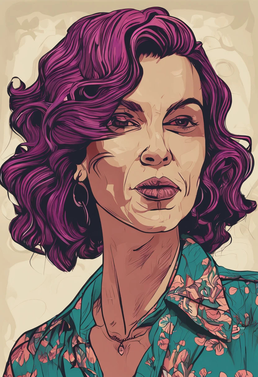 Retrato arafed de uma mulher com um cabelo escuro e uma camisa roxa, retrato colorido, Olga Buzova, Retrato estilizado H 640, Retrato estilizado H 1280, art deco portrait, retrato de alta qualidade, fundo escuro, uma biblioteca ao fundo
