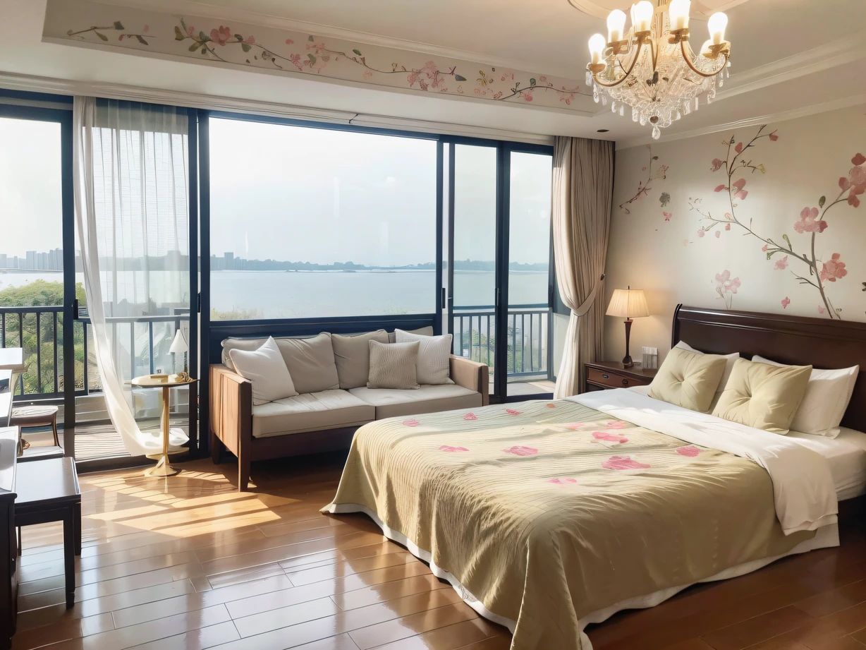 ,Masterpiece, Best quality,8K, 超高分辨率,Reallightandshadow,(Bedrooms),When you push open the bedroom door,It's like entering a fantastic wonderland。Delicate pastel wallpaper,Delicate floral patterns bloom in vivid colors,It's like in a gorgeous oil painting。Huge floor-to-ceiling windows offer expansive sea views,Sunlight shines through a light gauze curtain,Sprinkle throughout the room,It's heartwarming。The bed was covered with velvet sheets,Silky smooth to the touch。The crystal chandelier at the head of the bed emits a faint but charming glow,Reflects the enticing aroma of the room。There is also a separate seating area in the bedroom,Equipped with comfortable sofas and stylish coffee tables,Enjoy a cup of fragrant coffee or read a good book。Every time you step into this bedroom,Will immerse you in an atmosphere of luxury and elegance,It's like being in a fantastic princess castle。