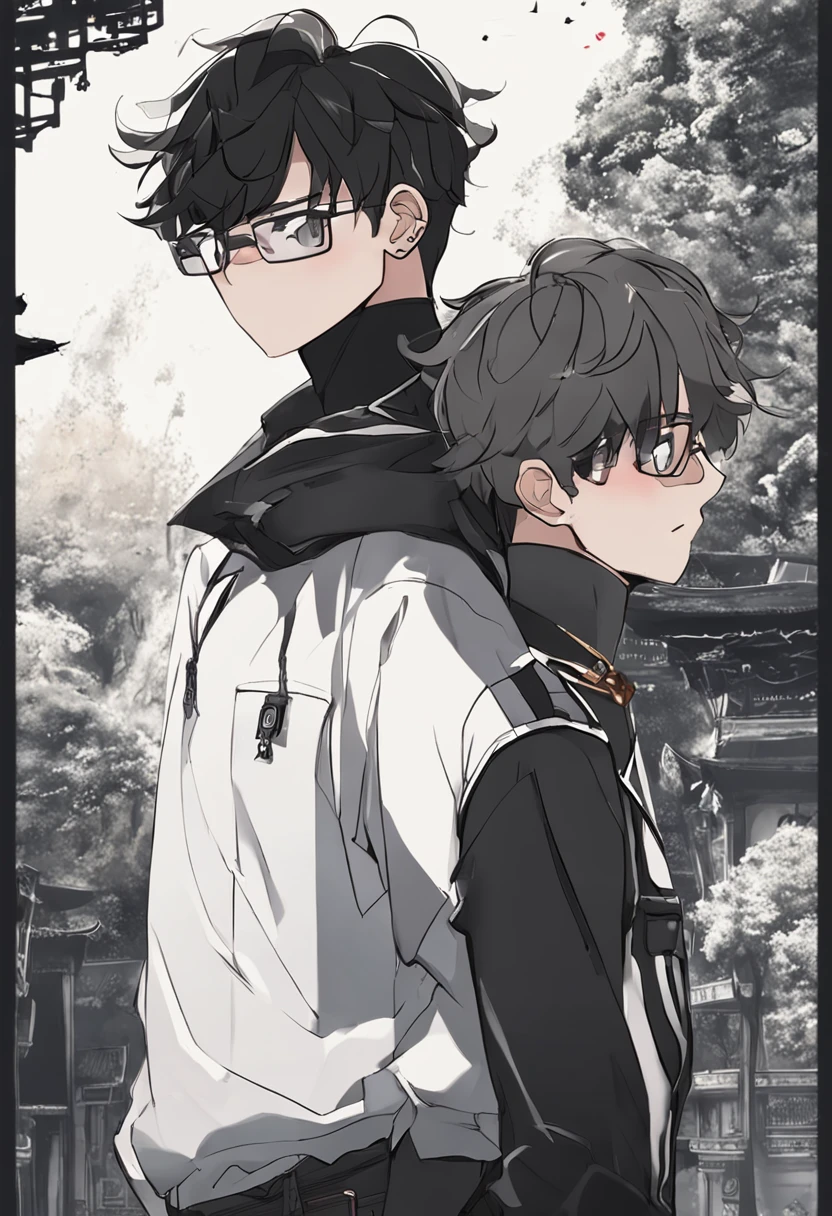 "the two pictures show men wearing black with eyeglasses and a white shirt, 1boy, male focus, black hair, solo, chibi"