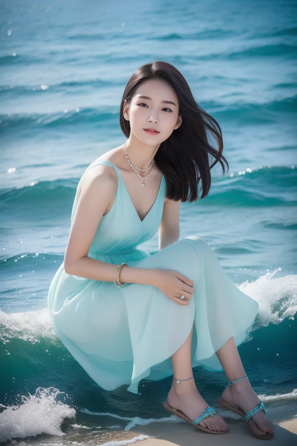 (8k,realisticlying,meticuloso,Very detailed faces,动态照明,Real Human)
Queen of the Sea,Her appearance exudes a mysterious beauty。Her skin was as white as snow,It's like you're ready for the purest sunshine。Her hair was silky smooth,Flashing with a shimmering light,It's like a string of pearls in the ocean。In her eyes,It has a bottomless deep ocean blue,It's as vast as the tide,People are captivated by it。Her face is delicate and elegant,Ruddy lips,The slightly upward curve reveals her natural elegance。Her eyebrows were slightly raised,Looming nodding his forehead,It depicts a picture of birds soaring in the sky。The tip of her slightly upturned nose adds a touch of agility and playfulness to her face。She wears a gorgeous reef green dress,The skirt is woven from the blue microwaves of the ocean,Light and flowy。The skirt is decorated with a flowing seaweed pattern,It was as if it was one with her body。Her slender waist is outlined by a thin belt embellished with crystals,Like a chain of pearls in the ocean,Exudes unparalleled brilliance。She wears a coral stone bracelet on her wrist,coloured with lots of colour,A warm glow flows。She also had some pearl necklaces and aquamarine earrings shimmering on her,It adds a sense of grandeur and nobility to her entire image。At her feet,It is a pair of sandals made of transparent shells,It's like the waves crashing on the beach。Every step she took,All accompanied by the soft sound of the breeze blowing,It's like playing a song of the ocean。This queen of the sea is so beautiful and mysterious,The breath revealed by her body captivated every viewer,It's like being in a mysterious and beautiful ocean kingdom,on water