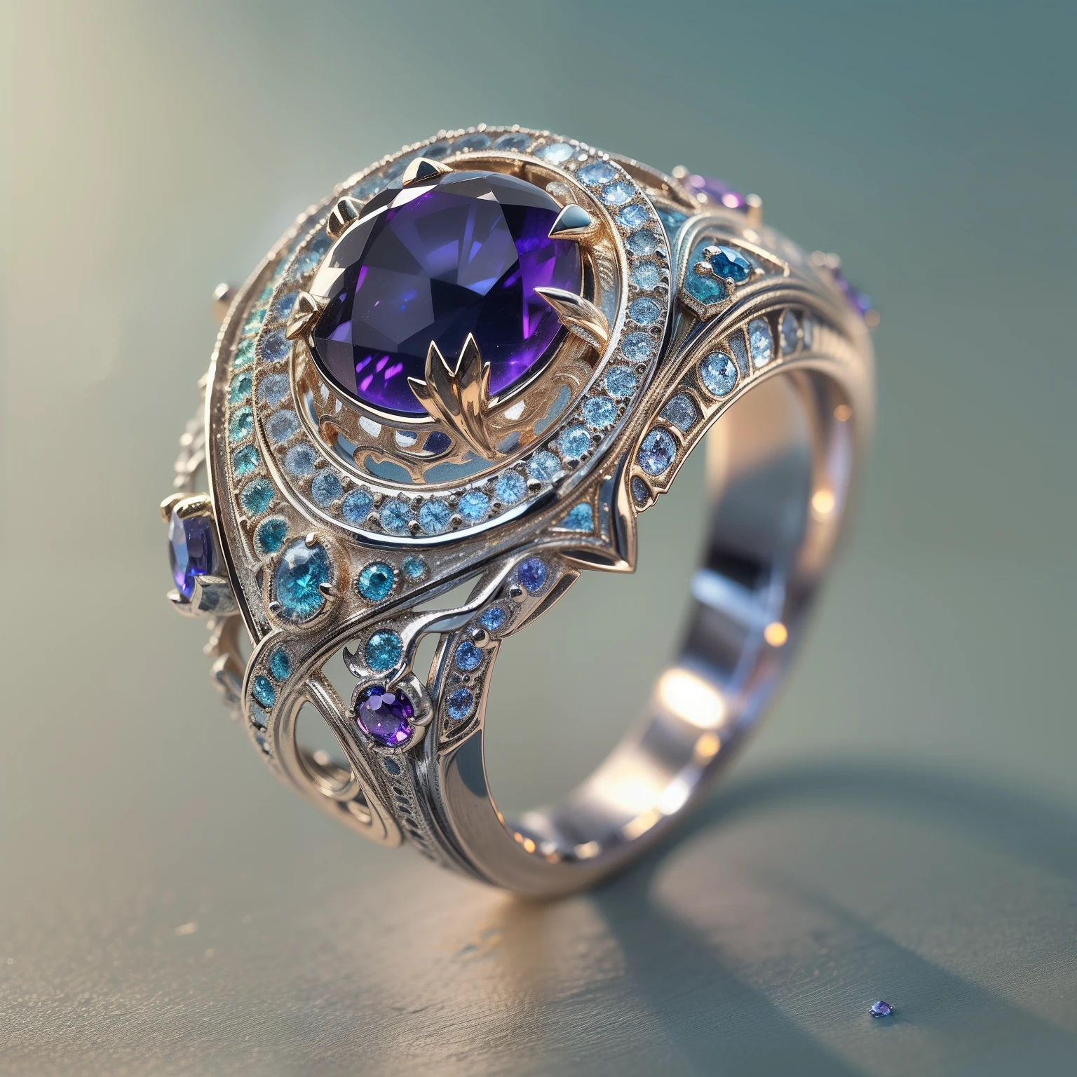 Masterpiece，highest  quality，(Nothing but the ring)，(No Man),Ring set with phoenix，starrysky，Wrapped around the end from beginning to end，Delicate silver ring，Starry sky in the ring,The sheen，inverted image，Sparkling blue-purple gemstones，Elegant and noble,simple backgound