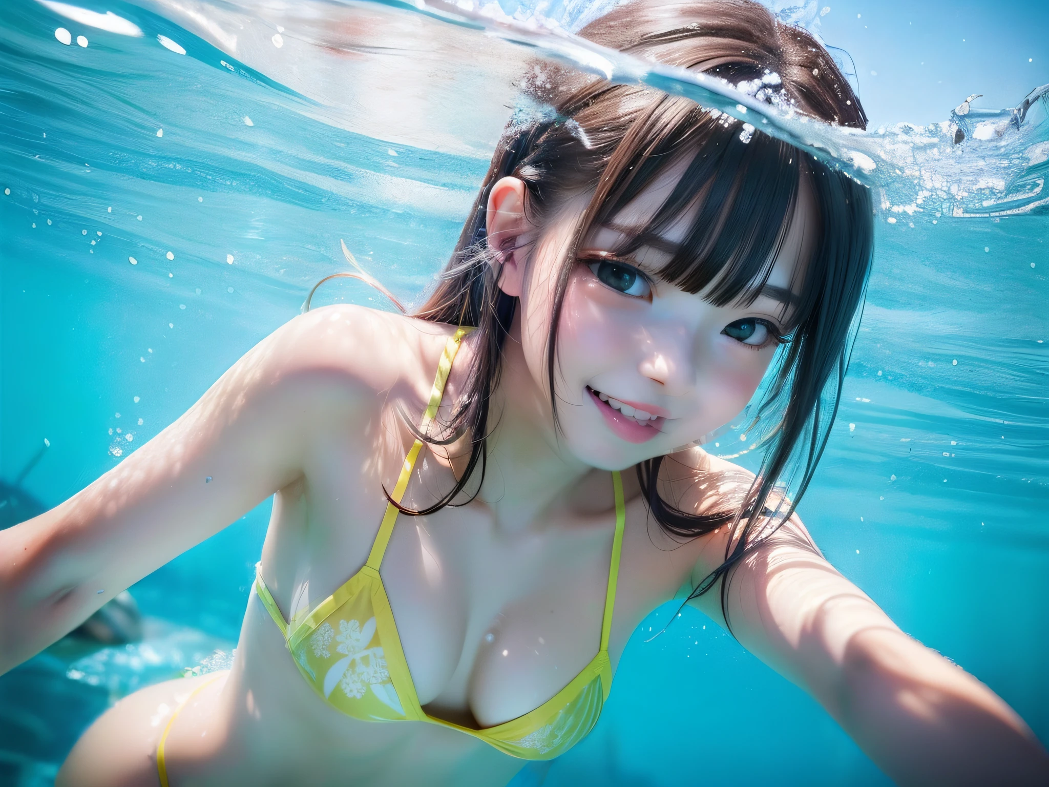 (Hyper-realistic), (8K picture quality), ((masterpiece)), ((Best Quality)), (Ultra-detailed), Japanese cute girl, 18yo, ((under the water:1.0)), In the clear light blue sea、swimming、((dive:1.0)), Prone, Forward-facing face, perfectly thin micro bikini, Light brown hair, short hair, beautiful black eyes, very small breasts, perfect body, close mouth, smile, grin, tropical fish, foam、bubbling、Bright sunshine、midsummer