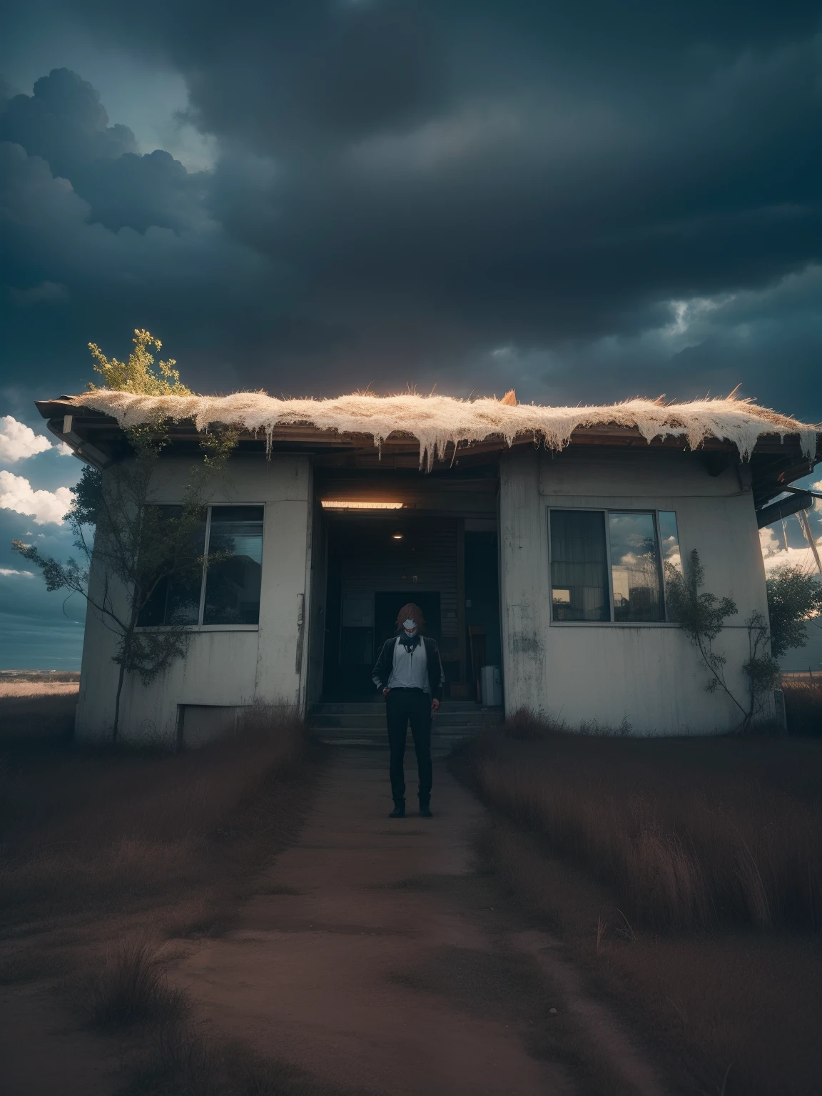 Change clouds into horror theme, ultra realistic,make my face and body clear