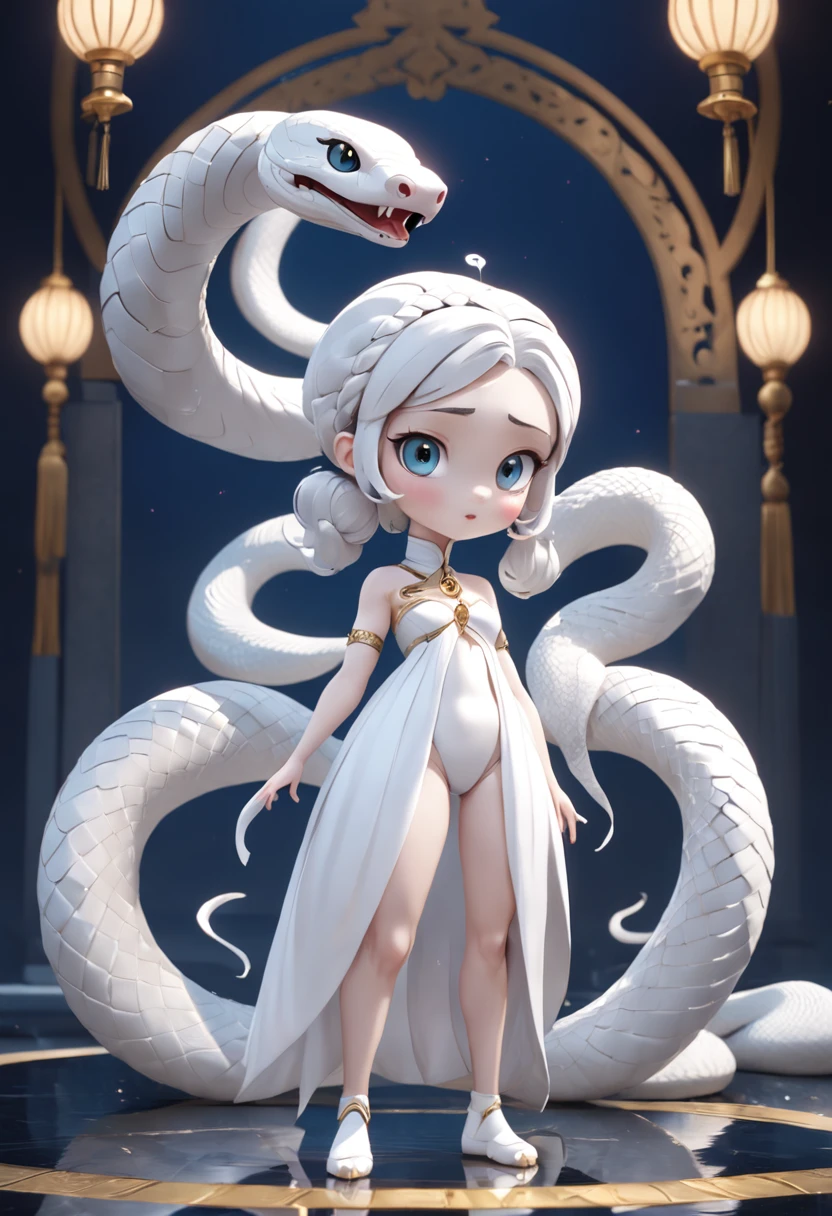 Pixar style super cute anthropomorphic white snake， Dai Han costume and crystal crown, standing, Charming big eyes, Cute tail, standing, Surreal, Super fine, Luxurious, Graceful standing, Charming big eyes, Cute tail, standing, Surreal, Super detailed, Luxurious, elegant, complex, Gorgeous, illusory engine, Octane rendering, 8K, Frey surrealism，Blind box figures