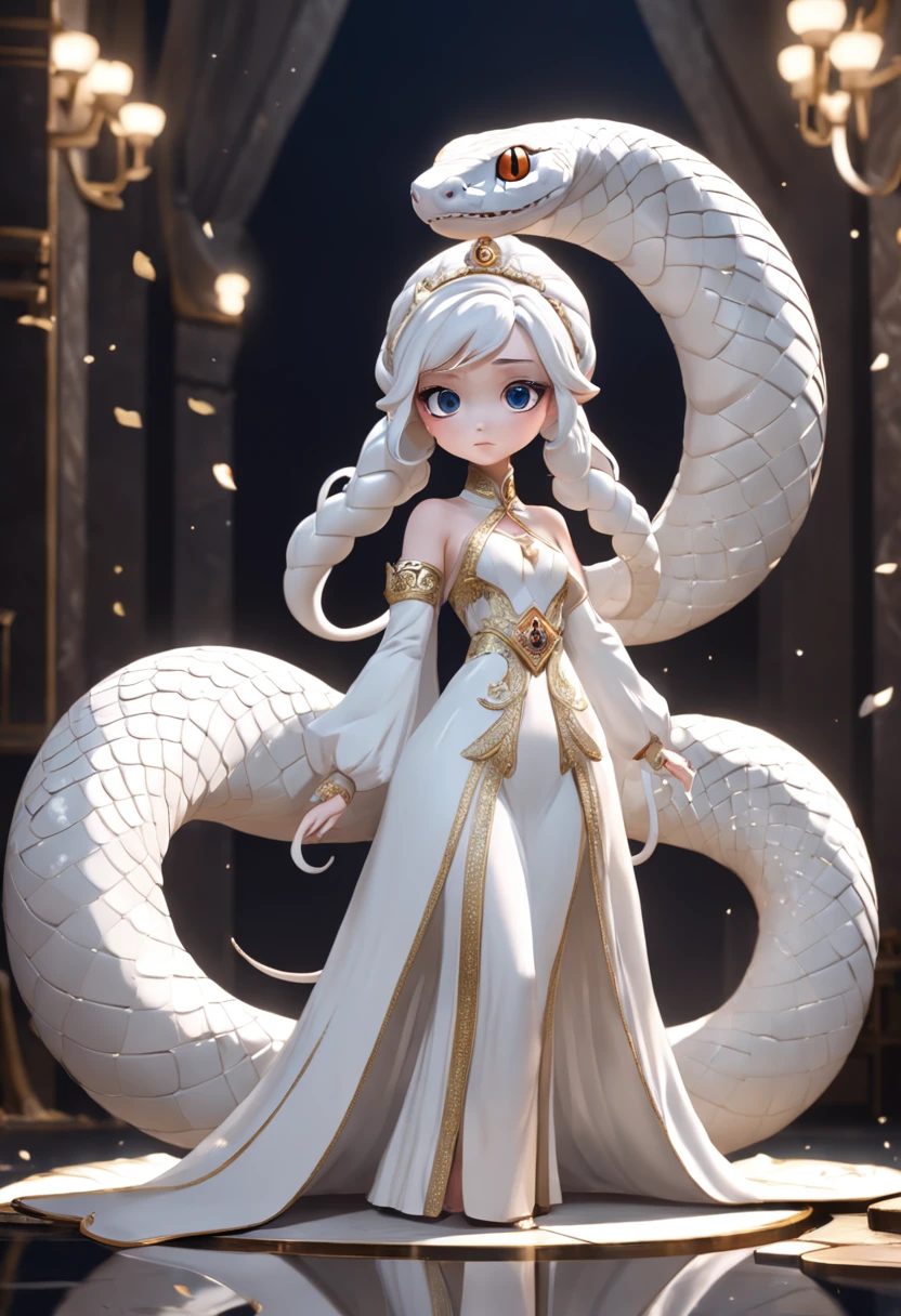 Pixar style super cute anthropomorphic white snake， Dai Han costume and crystal crown, standing, Charming big eyes, Cute tail, standing, Surreal, Super fine, Luxurious, Graceful standing, Charming big eyes, Cute tail, standing, Surreal, Super detailed, Luxurious, elegant, complex, Gorgeous, illusory engine, Octane rendering, 8K, Frey surrealism，Blind box figures