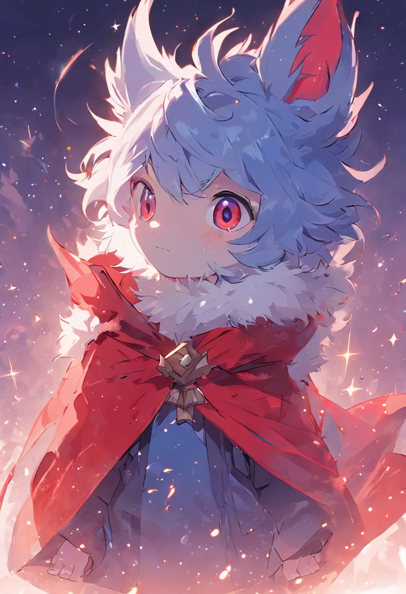 Bright environment, high quality, (toddler, dragon, neutral, animal: 1.4), absurd res, digital painting \ (artwork), (dragon, fluffy fur, character focus: 1.3), short hair, portrait, bright eyes, left eye red, right eye blue, (short dragon horn: 1.3), panorama, (character focus: 1.3). (detailed background: 0.9), solo, furry, furry neutral, neutral focus, standing, (full body fur, furry tail, red and blue fur, red and blue eyes, gray hair: 1.3), (small wings: 1.5), (long canine teeth: 1.0), king, (red cloak: 1.1) (towers of god, blue towers, violet, blue, red, god, red sky, violet sky, starry sky, stars, starry towers, starry god, light blue, civilization, order:1.3), (magic array: 1.5), (magic particles, magic: 1.3), (face details, hand details, foot details, ear details: 1.1), better movements, High cold