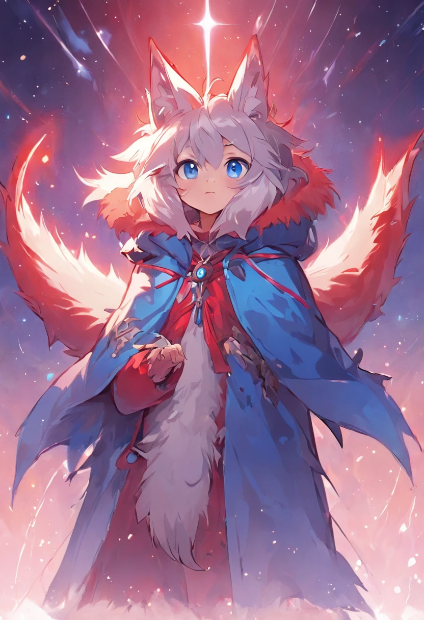 Bright environment, high quality, (ddler, dragon, neutral, animal: 1.4), absurd res, digital painting \ (artwork), (dragon, fluffy fur, character focus: 1.3), short hair, portrait, bright eyes, left eye red, right eye blue, (short dragon horn: 1.3), panorama, (character focus: 1.3). (detailed background: 0.9), solo, furry, furry neutral, neutral focus, standing, (full body fur, furry tail, red and blue fur, red and blue eyes, gray hair: 1.3), (small wings: 1.5), (long canine teeth: 1.0), king, (red cloak: 1.1) (towers of god, blue towers, violet, blue, red, god, red sky, violet sky, starry sky, stars, starry towers, starry god, light blue, civilization, order:1.3), (magic array: 1.5), (magic particles, magic: 1.3), (face details, hand details, foot details, ear details: 1.1), better movements, High cold