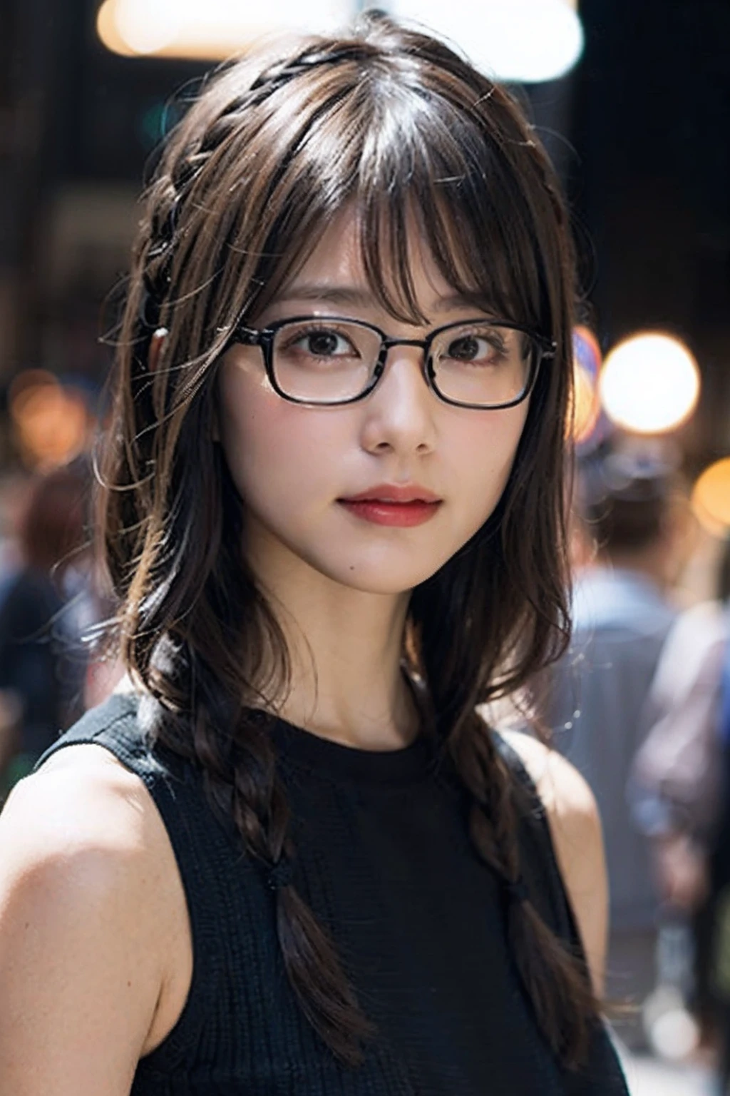 (8K、Raw photography、top-quality、masterpiece:1.2)、(realisitic、Photorealsitic:1.37)、ultra-detailliert、超A high resolution、1人、see the beholder、beautifull detailed face、A smile、Constriction、(Slim waist) :1.3)、Black summer clothes、Beautiful detailed skin、Skin Texture、Floating hair、Braided hair、Professional Lighting、Downtown at night、((Black square glasses )) 、Whole human body、Brown hair