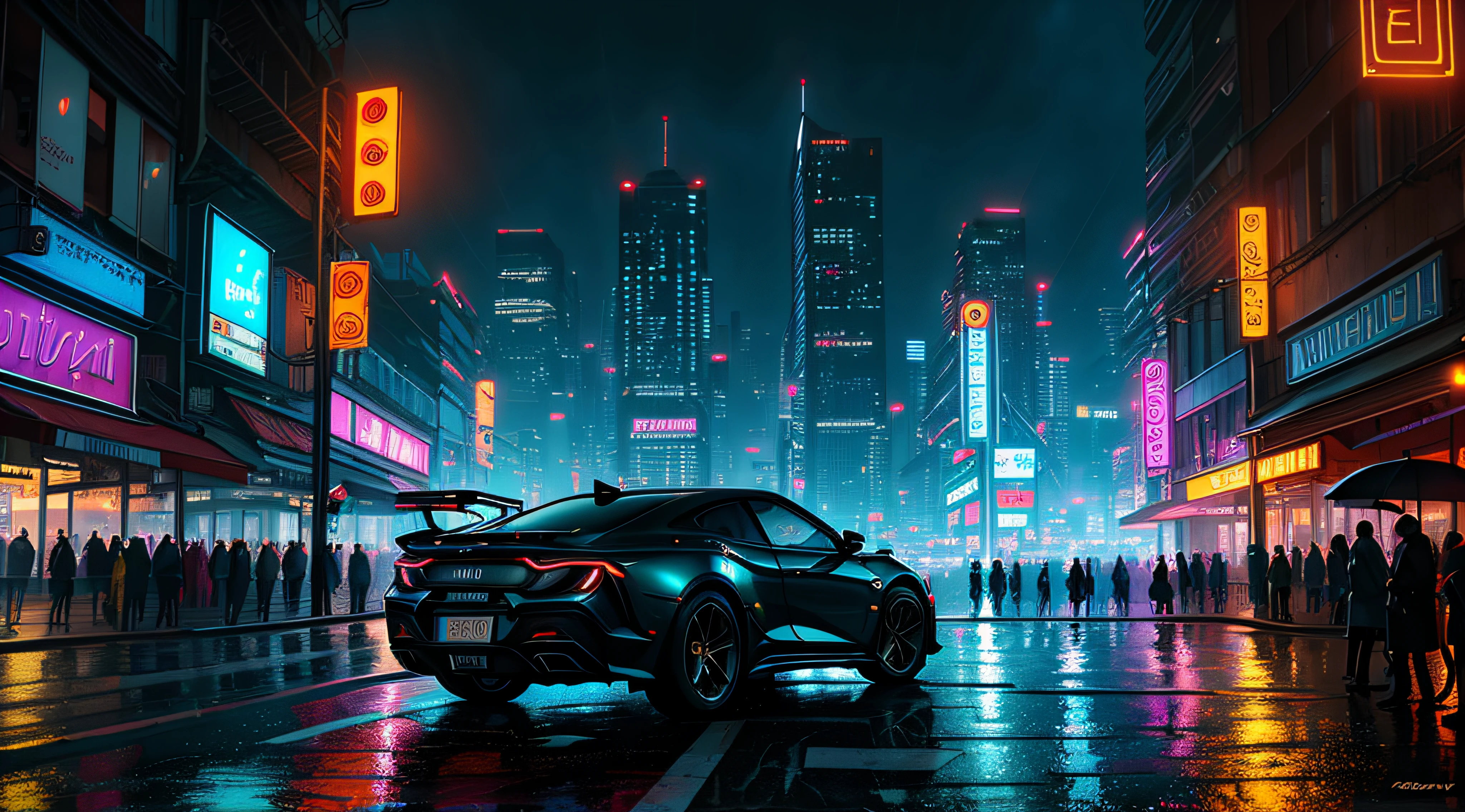 ((best quality)), ((masterpiece)), ((ultra realistic)), ((Night time)), majestically detailed soft oil painting by Jim Lee, beautiful neon cyberpunk Brazil, reflections, rain, crowded scifi city street, futuristic cars, night time, metallic, neon edge lighting, people, umbrellas, professional, skyscrapers, deep shadows, masterpiece, realistic, roughness, ultra realistic, photographed on a Canon EOS R5, 50mm lens,  F/2.8, HDR, 8k resolution, highres, high detail, sharp focus, smooth, roughness, real life, photorealism, photography, 8k uhd,futuristic