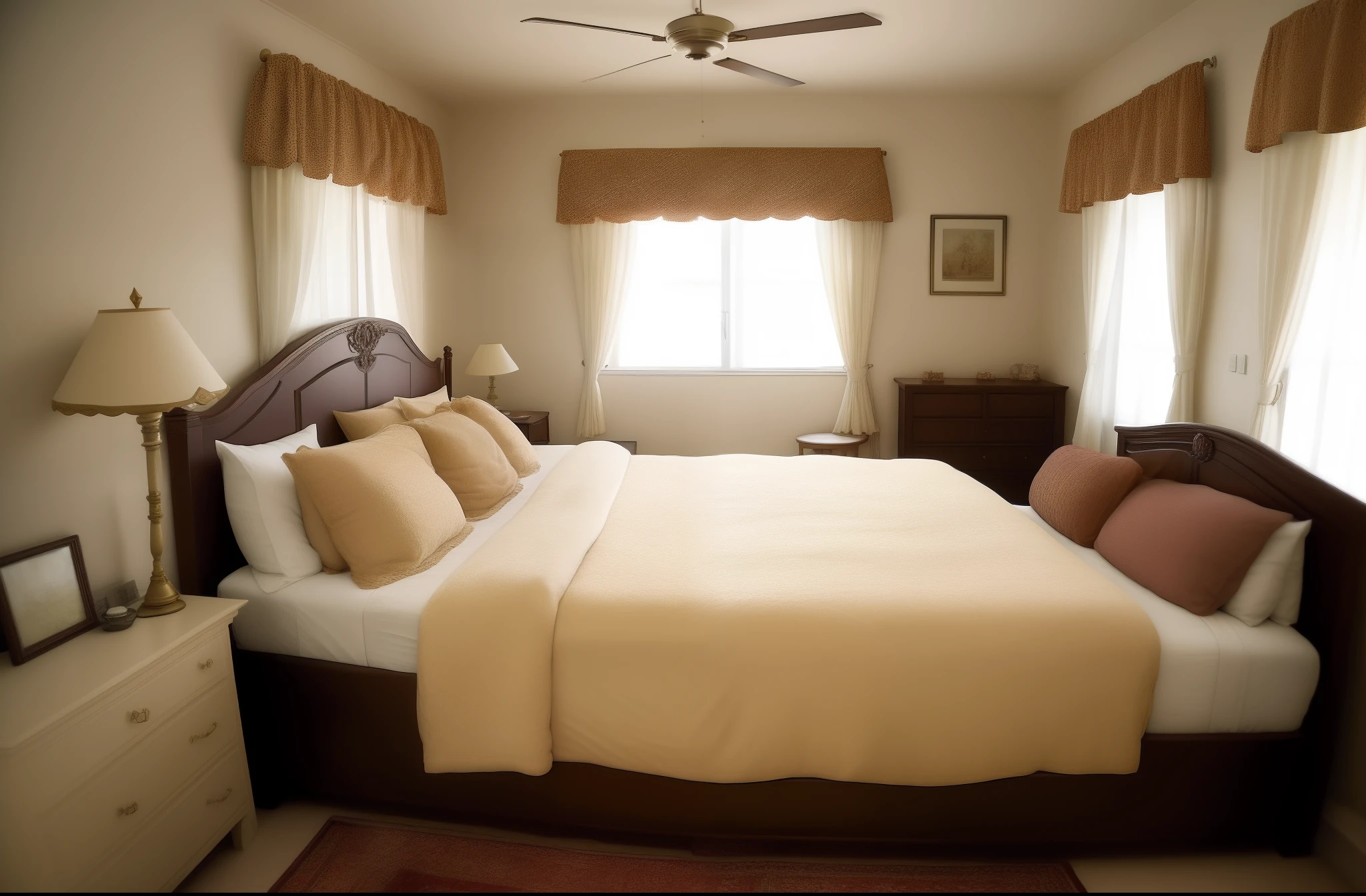 "A spacious room with a king size bed, exuding a cozy and elegant atmosphere of a grandparent's home."