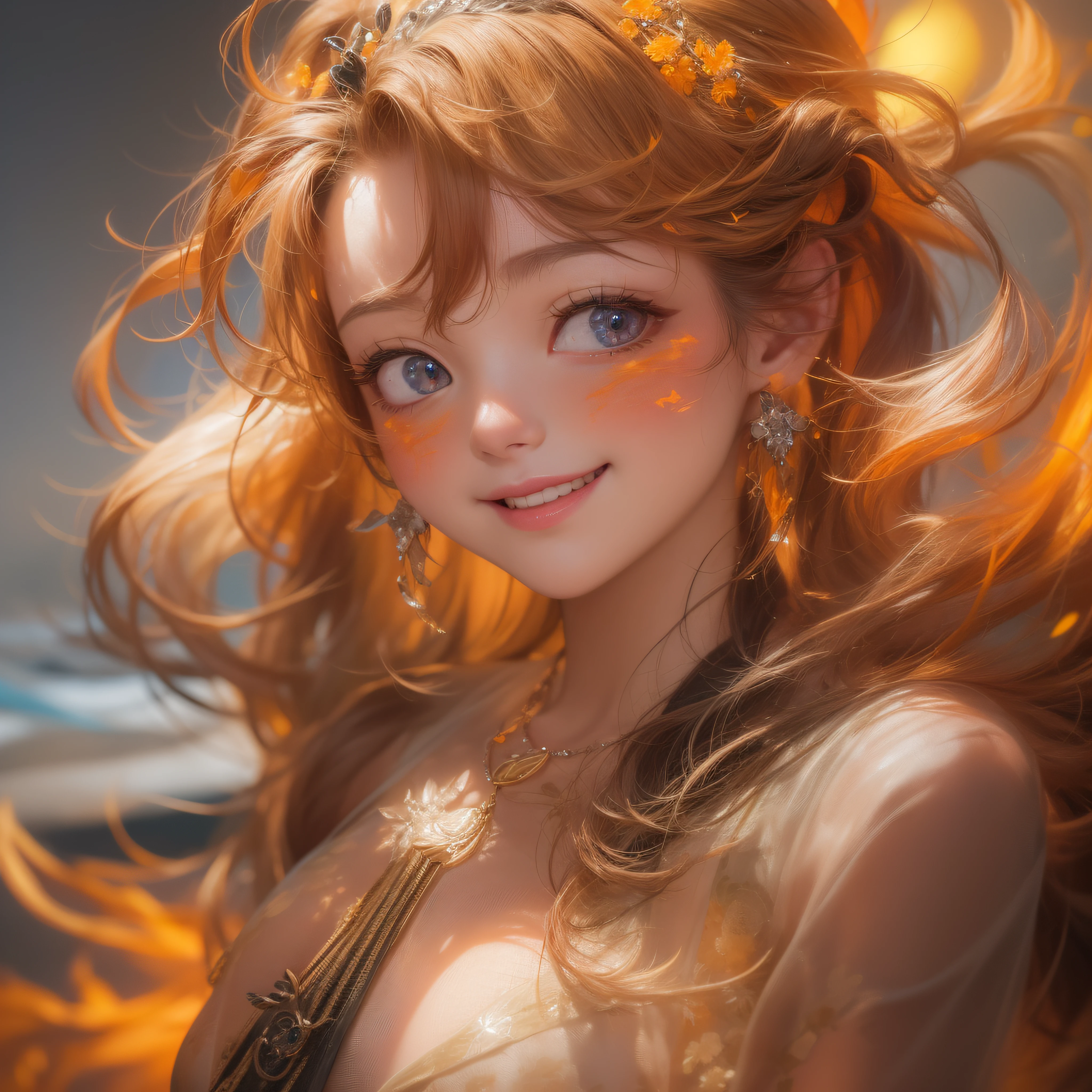 Close up of flame smile with open mouth、(realisitic、hight resolution)、(1 girl in)、Do-Up Eye、Korean Girl、(Best Quality), (masutepiece), (1girl in), Solo, a beauty girl, Perfect face, Big Breast,dreamlikeart、Highly detailed airbrush art((Surreal))、Volumetric lighting、(top-quality)、The ultra-detailliert、(The composition of the movement:1.4)、Highly detailed colorful details、(Bright lighting)、dynamic compositions、Ray traching、The mirror reflects light、Shallow depth of field、ultra-detailliert、mixing  exposure、nffsw、Her eyes shine flames、Staring at the fiery sea。Her flame-colored face is、Full of adventure anticipation and courage.、A smile appears on her flame-colored lips。 At the rear、The sun is slowly tilting to the west。Its light brings a flame-colored light to the surface of the sea、The swaying waves create a beautiful scene。Her eyes are clearly glowing with flames。Lots of flame colors
