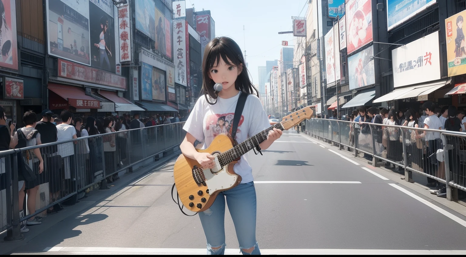 On the bridge of Dotonbori in Osaka、Guitar and Stand Microphone、Singing Girl、White t-shirt and damaged skinny jeans、Air Jordan Shoes、Wide-angle size、Picture away、17 year old girl