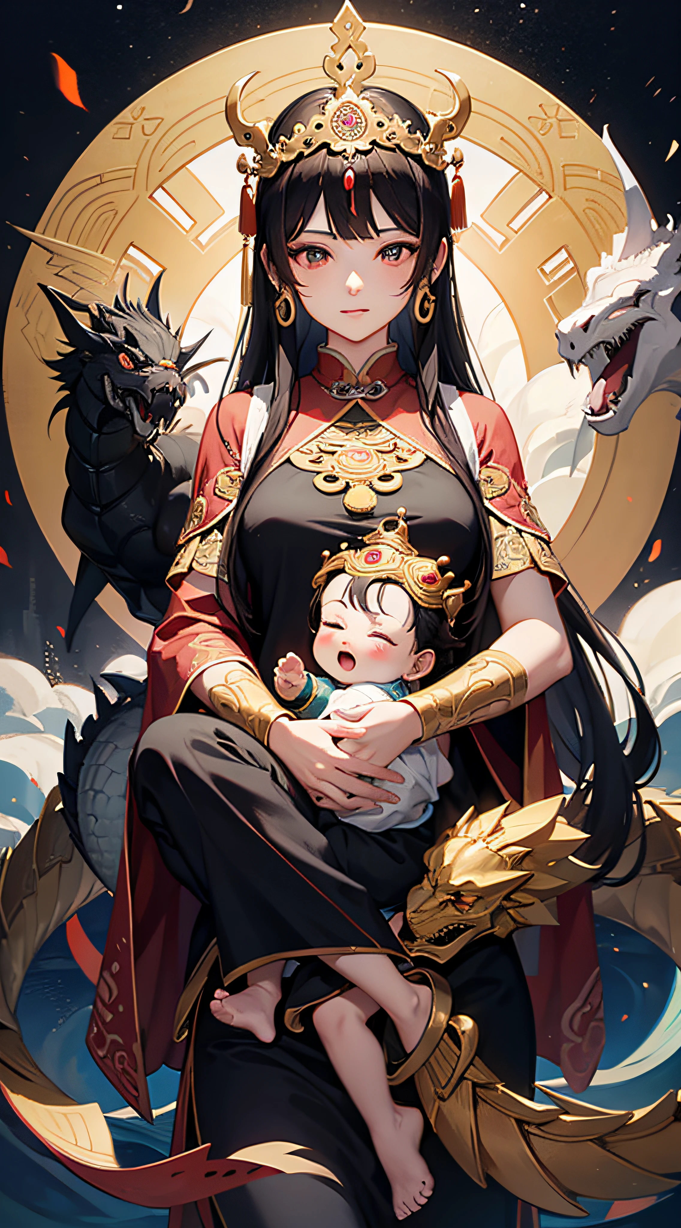 an ancient Chinese goddess, guanyin of the southern seas, Guanyin, Inspired by India, Avalokiteshvara rides a dragon,Holding a boy,babyttle back color hair),Crown on head,Send Zi Guanyin,Serene expression,shui mo hua,Buddha,Buddhist,Lotus,Chinese painting style,Thangka style