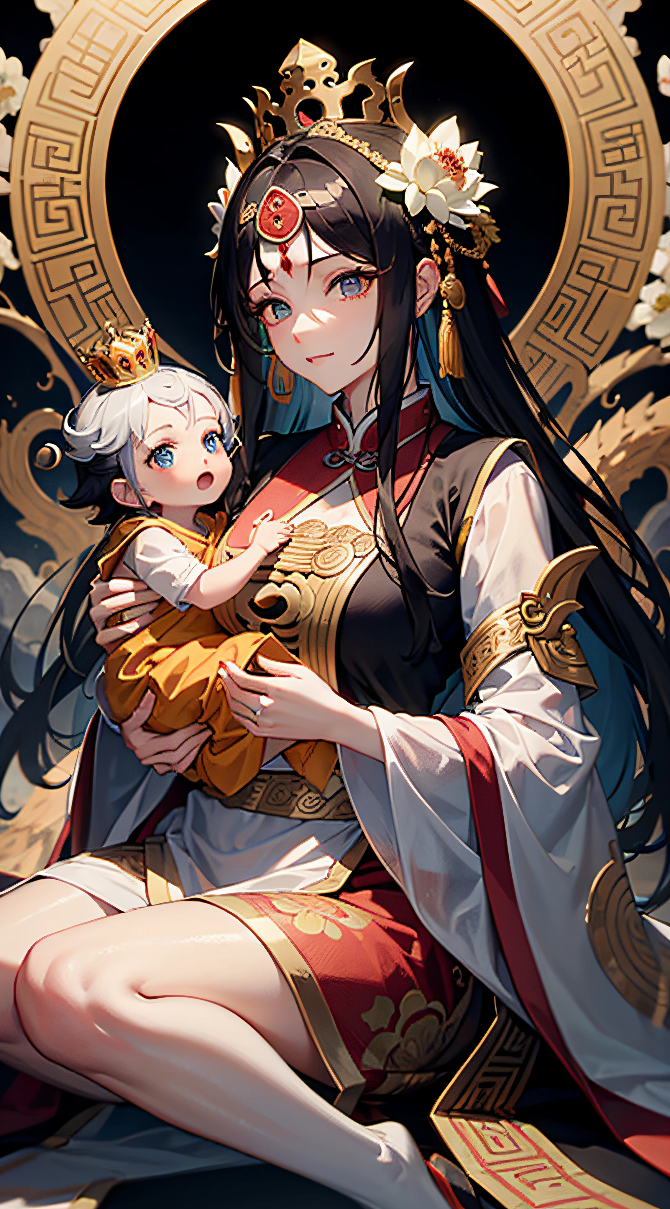 an ancient Chinese goddess, guanyin of the southern seas, Guanyin, Inspired by India, Avalokiteshvara rides a dragon，Holding a baby boy，baby, Little boy,（Black color hair），Crown on head，Send Zi Guanyin,Serene expression,shui mo hua,Buddha,Buddhist,Lotus,Chinese painting style,Thangka style