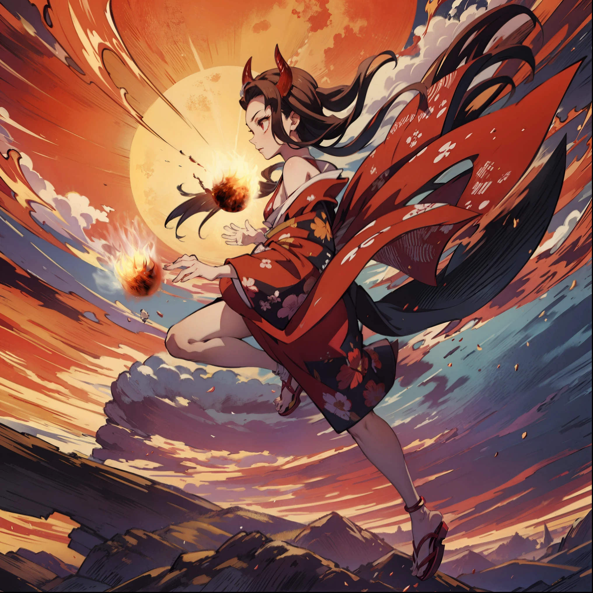 (masterpiece, best quality:1.2), kimetsu no yaiba style, kamado nezuko, (1girl, solo), 20years old, full body, kimono, (red demon horns, red eyes), 2fire balls on the each hands, BREAK the sun is rising, the wind is hot, the sky is burning, I saw a demon running across the horizon, (side view, dynamic angle)