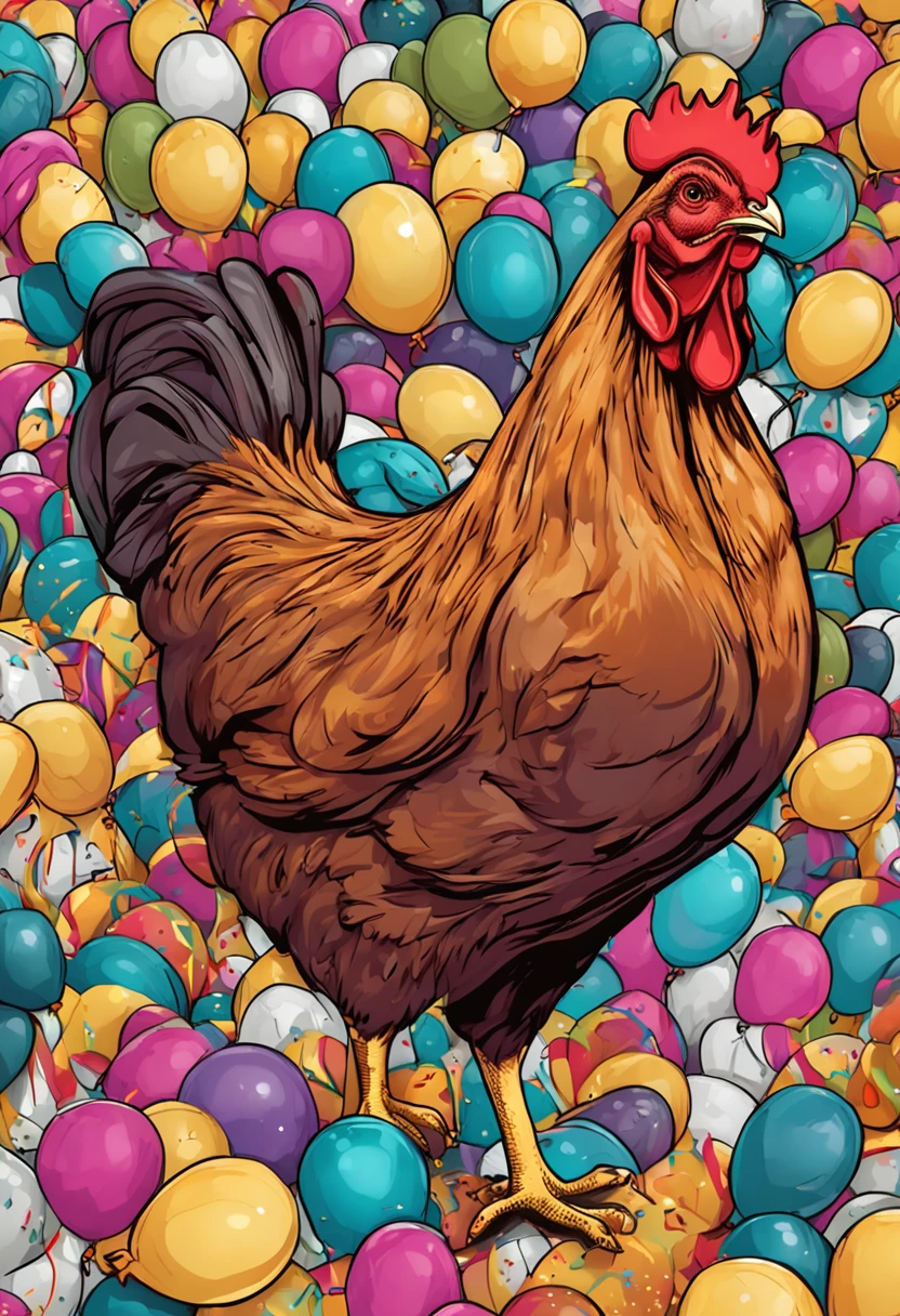 animal chicken comemorando uma festa de aniversario feliz com outras galinhas e fundo cheio de baloes de festa de aniversario
