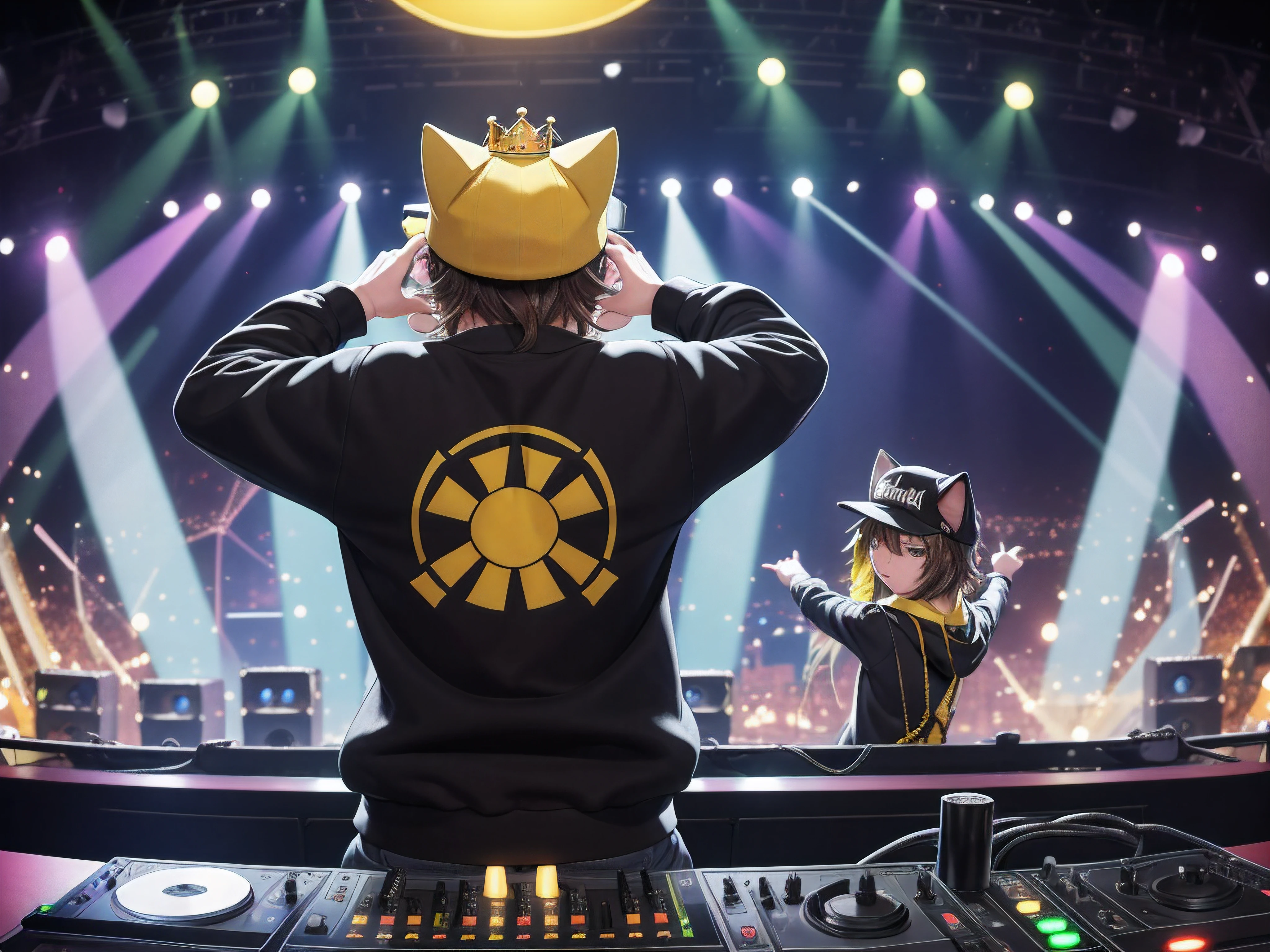 DJ from the back on top of the stage with a cat's head with a king's crown, wearing a black sweatshirt with a hat, jeans, one hand mixing the music on a mixing board and the other hand up animating the show, DJ FROM THE BACK , backstage, crowded concert, cyber punk style ballad with green and yellow led lights, camera blur