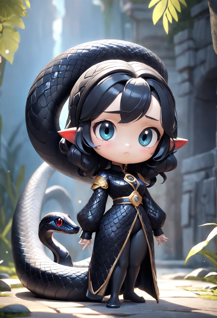 Pixar style super cute anthropomorphic black snake, Dai Han costume and crystal crown, standing, Charming big eyes, Cute tail, standing, Surreal, Super fine, Luxurious, Graceful standing, Charming big eyes, Cute tail, standing, Surreal, Super detailed, Luxurious, elegant, complex, Gorgeous, illusory engine, Octane rendering, 8K, Frey surrealism,Blind box figures