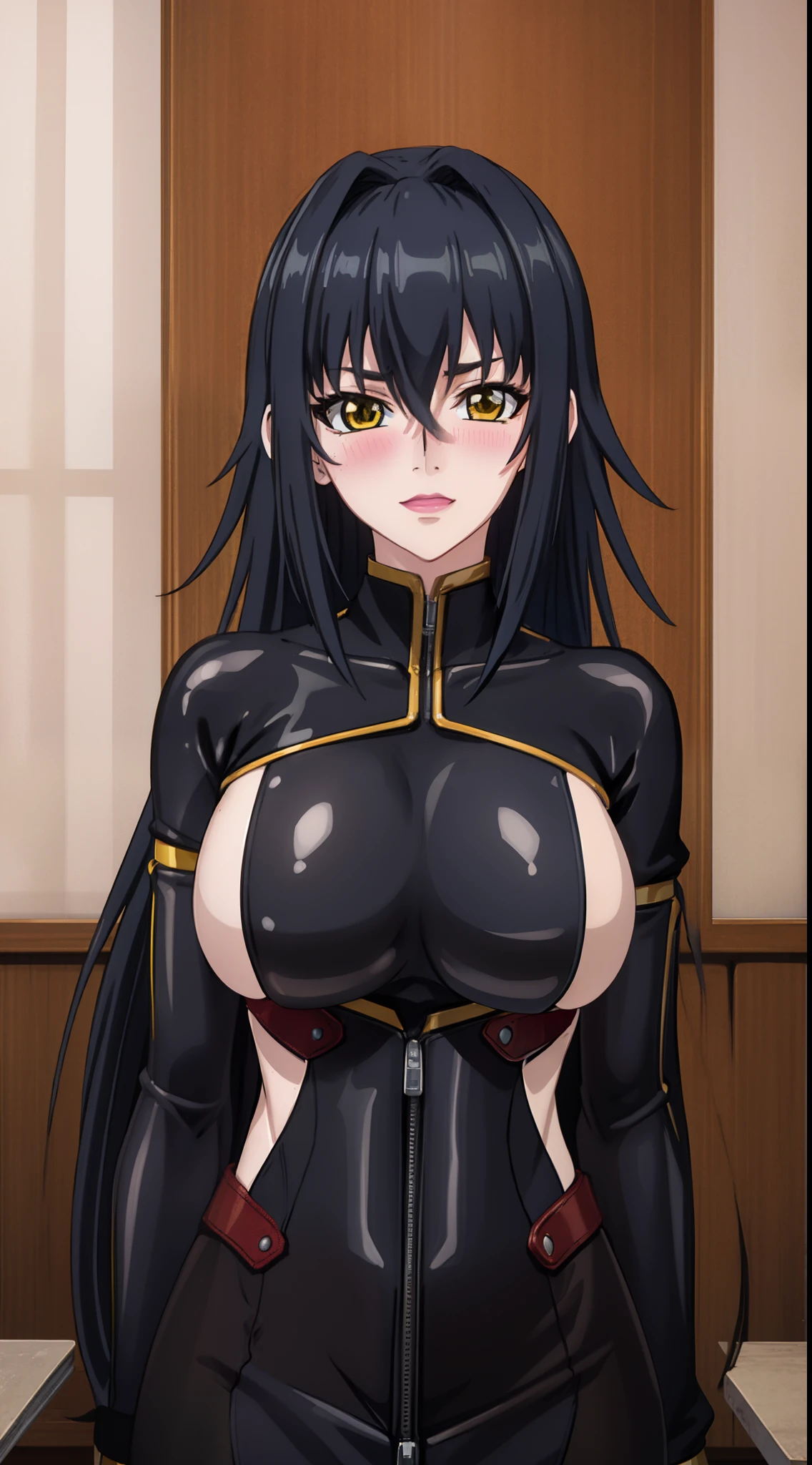 professional artwork, Intricate Details, field of view, sharp focus, detailed painting, photorealistic lighting, trending on pixiv, Standing at attention, black outfit ,yellow collared shirt,black and red bodysuit,skin_tight,black legwear, black pantyhose, Side_boob, black hair,very long hair, Bangs,yellow eyes,makeup, lipstick, 20yo,mature female,Beautiful Finger,Beautiful long legs,Beautiful body,Beautiful Nose,Beautiful character design, perfect eyes detail, perfect face, looking at viewer, NSFW,official art,extremely detailed CG unity 8k wallpaper, perfect lighting,Colorful, Bright_Front_face_Lighting, (masterpiece:1.0),(best_quality:1.0), ultra high res,ultra-detailed, hyperdetailed, photography, 8K, HDR, highres, absurdres:1.2, Kodak portra 400, film grain, blurry background, bokeh:1.2, lens flare, (vibrant_color:1.2) (Beautiful,large_Breasts:1.4), (beautiful_face:1.5),(narrow_waist), (solo:1.4), ((upper body, half body shot:1.4)), annerose:1, classroom, (blushing, shy, pretty, tsundere:1), looking at viewer,
