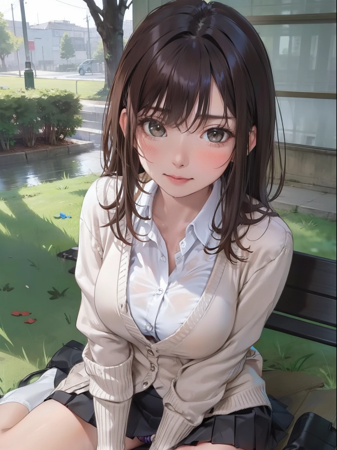 (masterpiece), (best quality), (ultra detailed), 1girl, sexy pose, blush, ((open casual cardigan:1.2)), happy, looking at viewer, large hair, brown hair, in the night park with trees,bench, shy ,sitting on ground, ((solo)) ,worry, blush, naughty,from below,slim body,(shiny skin, wet skin:0.8), sweating, rainy,side, from front, from above,long wet hear, ((show off panties)), ((show off bra)), ((skirt)),