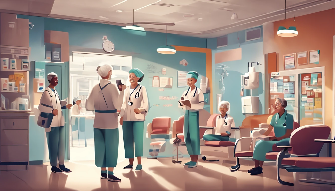 Nursing homes、doctor、Rehabilitation Staff、during daytime、nurse、Bright workplace、Serious people、a smile、supportive、faithful、Staff gather and chat、Ultra-realistic、Super Real、Frontline of welfare and medical care、Within 2 meters、You can understand facial expressions well、