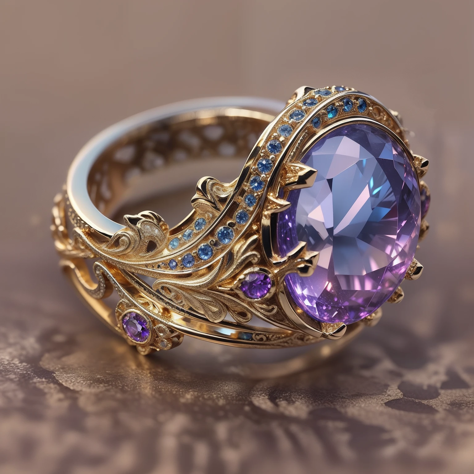 Masterpiece，highest  quality，(Nothing but the ring)，Beautiful ring, Ultra detailed，(No Man),Phoenix ring setting，starrysky，Wrapped around the end from beginning to end，Delicate gold ring，Starry sky in the ring,The sheen，inverted image，Sparkling blue-purple gemstones，Elegant and noble,simple backgound