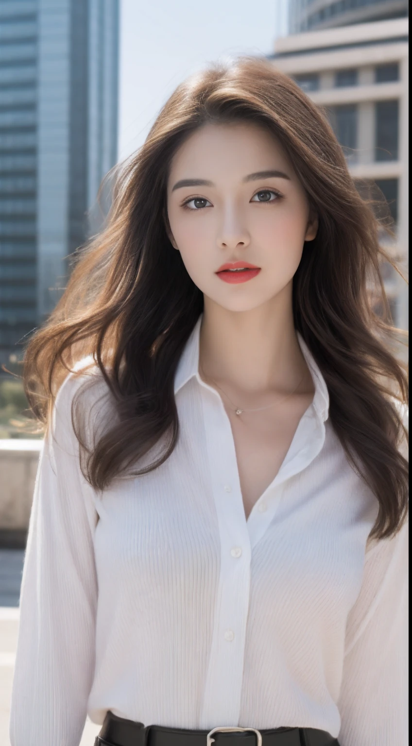 (Best quality, High resolution, Masterpiece :1.3), A tall and pretty woman, Slender abs, Dark brown hair styled in loose waves, Breasts, Wearing pendant, White button up shirt, Belt, Black skirt, (Modern architecture in background), Details exquisitely rendered in the face and skin texture, Detailed eyes, Double eyelid