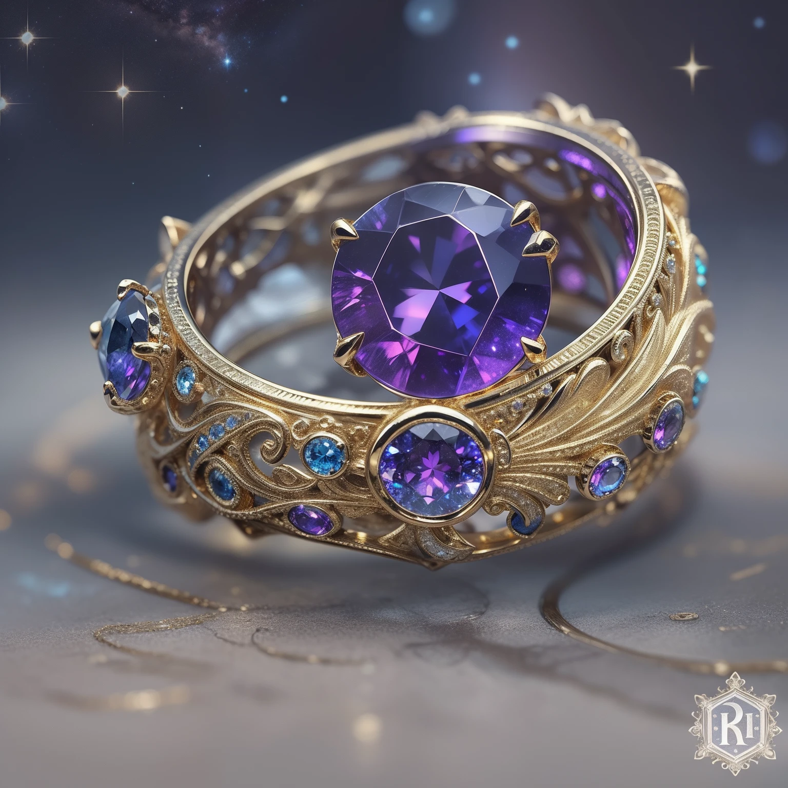 Masterpiece，highest  quality，(Nothing but the ring)，Beautiful ring, Ultra detailed，(No Man),Phoenix ring setting，starrysky，Wrapped around the end from beginning to end，Delicate gold ring，Starry sky in the ring,The sheen，inverted image，Sparkling blue-purple gemstones，Elegant and noble,simple backgound