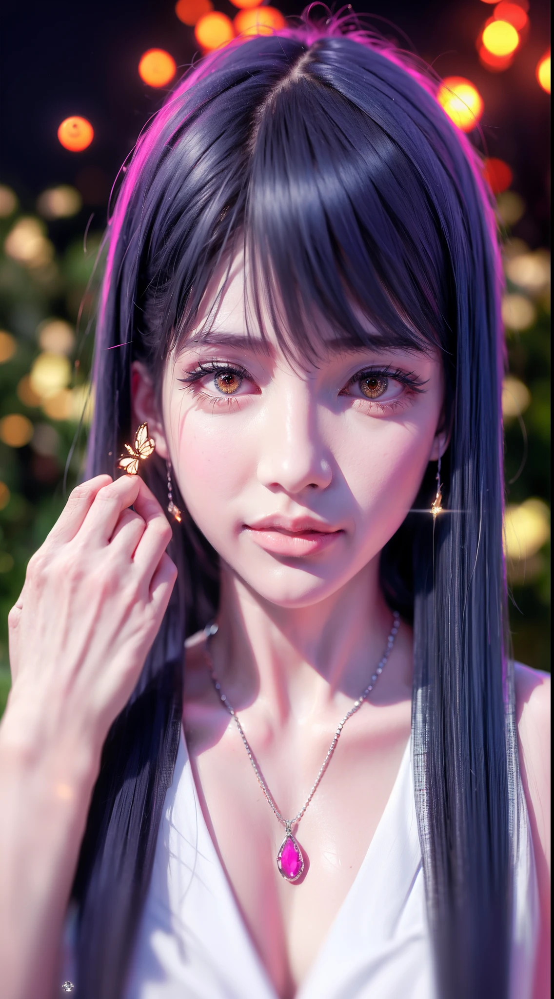 Garden covered with red roses in the background, Silver hair, front ponytail, eyes reflection, red contact lenses, Pink eyes,Heterochromia, Wear earrings, Blue crystal pendant,Evil smile, shairband,High detail, romanticism lain, Depth of field, Sparkle, Ray tracing, viewfinder, zoom layer, Close-up, Bokeh, Anatomically correct, High details, 1080p, Ultra HD
Woman,High ponytail,a sailor suit,Half out of the water,Get wet,Clothing water pattern detail,The expression is solemn,holding knives,Shiny blade detail depiction,reflective light,
Gorgeous and delicate glowing little butterfly hair ornament,brilliant colorful,Fine engraving,Shine brightly,The attention to detail,The jewelry is of high quality,Extremely high image quality