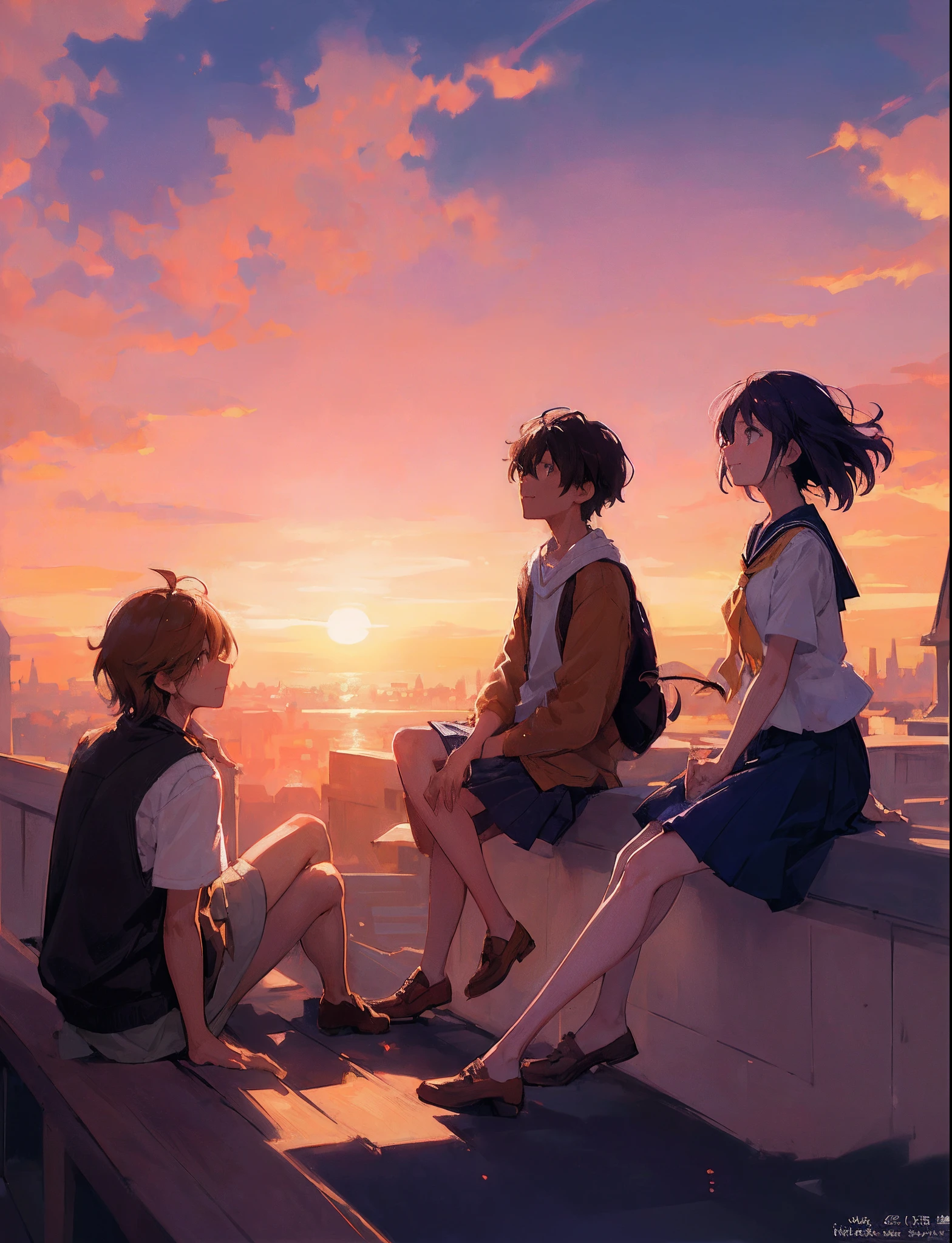 Create an exquisite illustration reminiscent of Makoto Shinkai's style, characterized by its superfine detail and top-tier quality.　Create a captivating illustration that encapsulates the essence of nostalgia and fantasy as a group of students gather on the rooftop of their school, all wearing smiles as they gaze at the mesmerizing sunset. The sun hangs low in the sky, casting a warm, golden glow that bathes the entire scene in a dreamlike atmosphere. The setting sun creates a breathtaking panorama, turning the sky into a canvas of vibrant colors - hues of orange, pink, and purple blending seamlessly. The students, with their faces lit up by the golden light, wear expressions of awe and tranquility as they take in the spectacle before them. Pay meticulous attention to detail, allowing the sunlight to dance on their joyful expressions, and the interplay of light and shadow to emphasize the textures of their surroundings. Your objective is to create an image that not only captures the serenity of the moment but also sparks the imagination, inviting viewers to join these students in their contemplative and magical experience. Through your artistic prowess, transform the rooftop into a stage for nostalgia and wonder, where the shared view of the sunset brings about a sense of camaraderie and a connection to the beauty of the fleeting moment