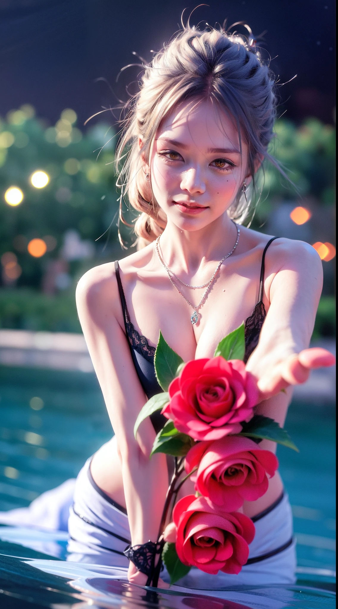 Garden covered with red roses in the background, Silver hair, front ponytail, eyes reflection, red contact lenses, Pink eyes,Heterochromia, Wear earrings, Blue crystal pendant,Evil smile, shairband,High detail, romanticism lain, Depth of field, Sparkle, Ray tracing, viewfinder, zoom layer, Close-up, Bokeh, Anatomically correct, High details, 1080p, Ultra HD
Woman,High ponytail,a sailor suit,Half out of the water,Get wet,Clothing water pattern detail,The expression is solemn,holding knives,Shiny blade detail depiction,reflective light,
Gorgeous and delicate glowing little butterfly hair ornament,brilliant colorful,Fine engraving,Shine brightly,The attention to detail,The jewelry is of high quality,Extremely high image quality