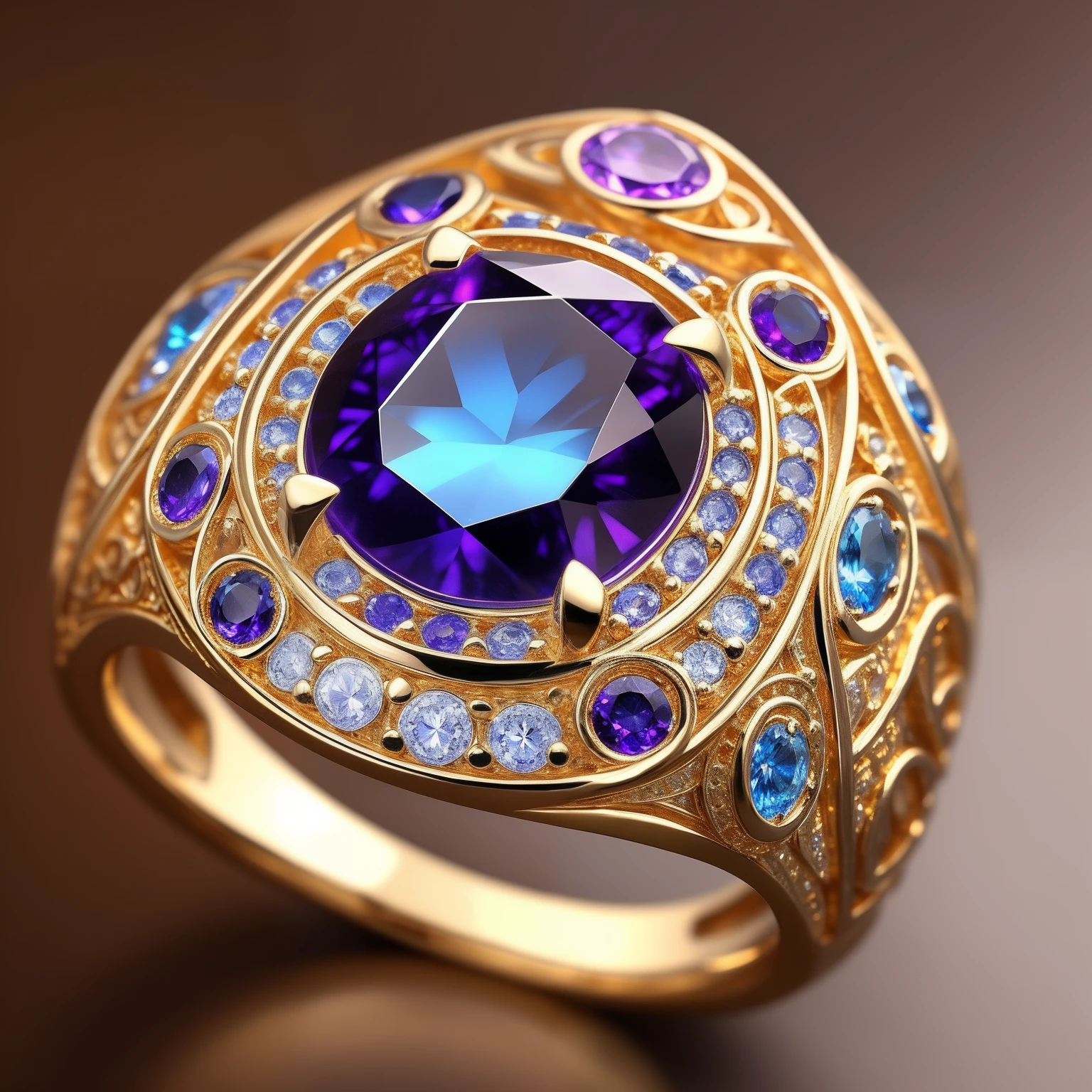 Masterpiece，highest  quality，(Nothing but the ring)，Beautiful ring, Ultra detailed，(No Man),Phoenix ring setting，starrysky，Wrapped around the end from beginning to end，Delicate gold ring，Starry sky in the ring,The sheen，inverted image，Sparkling blue-purple gemstones，Elegant and noble,simple backgound