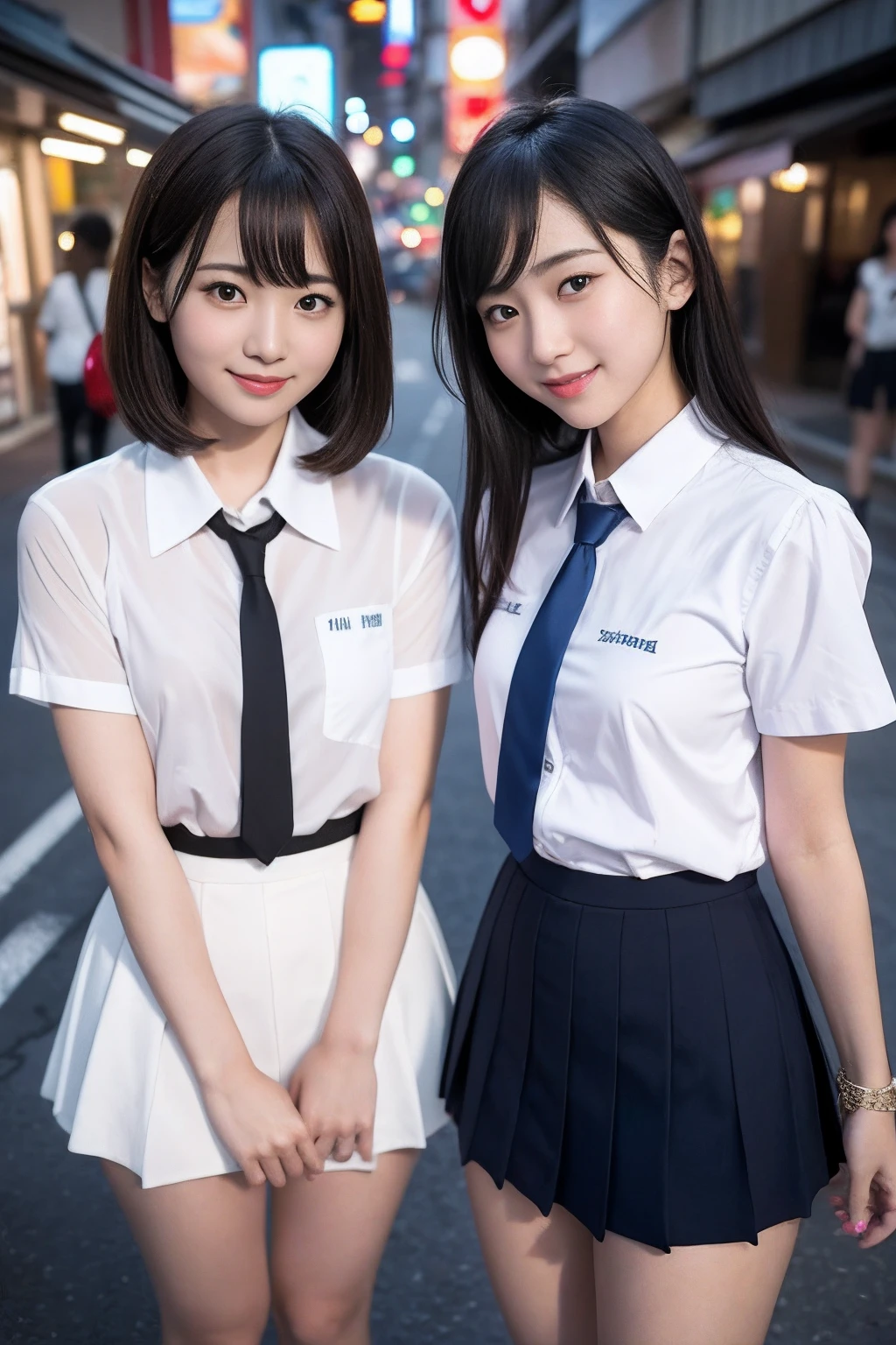 top-quality、Facial Focus、Soft light、(depth of fields)、超A high resolution、(Photorealsitic:1.4)、Raw photography、(above knee:1.4)、(sideways Facing)1日本人の女の子、独奏、a handsome、(full of shyness、A smile:1.1)、(Brown-eyed)、detailed beautiful faces、(length hair)、high-angle shot、Center view、Two arafe asian women in satin shimmies standing on neon street in the middle of the night、Phenomenally cute girl、short-hair、japanaese girl、Wearing a lace slip shimmy、a hyperrealistic schoolgirl、a hyperrealistic schoolgirl、Schoolgirl Pose、full body Esbian、Nice skin、glistning skin、lovely thighs、glowing thigh、shining legs、Black high socks above the knee、High School in Japan 、乃木坂アイドル、韓国アイドル、Invite you inside、Inviting eyes