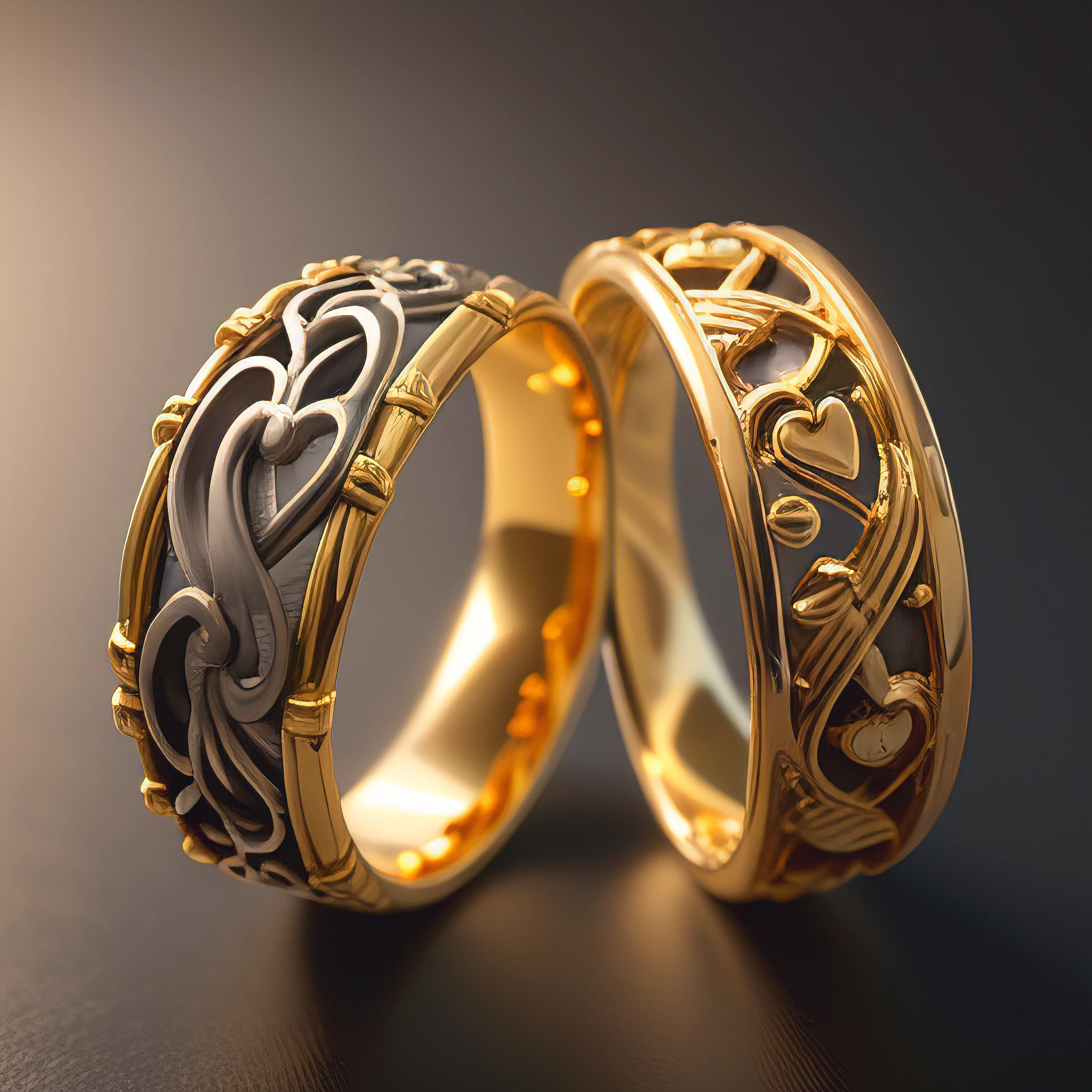 (CG),(masterpiece), (best quality), (ultra-detailed), no humans, simple background, black background, grey background, depth of field, gradient background, (ring), gold, intricate detail, (a Luckenbooth ring: two hearts intertwined with a crown),