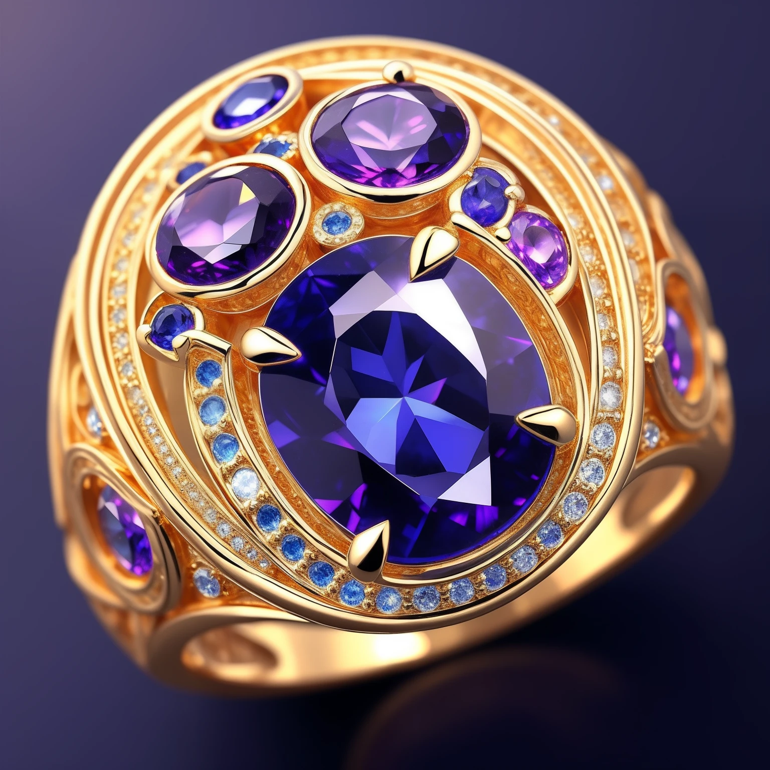 Masterpiece,highest quality,(Nothing but the ring),Beautiful ring, Ultra detailed,(No Man),Phoenix ring setting,starrysky,Wrapped around the end from beginning to end,Delicate gold ring,Starry sky in the ring,The sheen,inverted image,Sparkling blue-purple gemstones,Elegant and noble,simple backgound