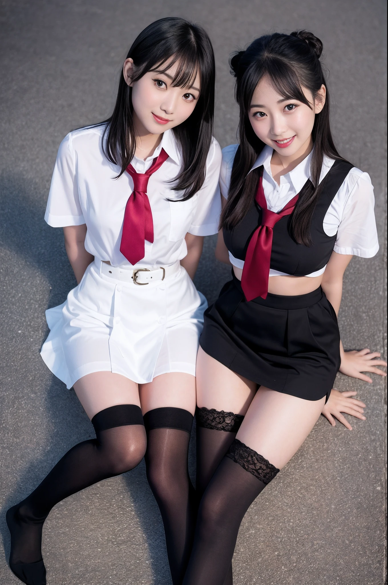 high-angle shot、Center view、Two arafe asian women in satin shimmies standing in the city、Phenomenally cute girl、japanaese girl、Wearing a lace slip shimmy、a hyperrealistic schoolgirl、a hyperrealistic schoolgirl、Schoolgirl Pose、full body Esbian、Nice skin、glistning skin、lovely thighs、glowing thigh、shining legs、Black high socks above the knee、High School in Japan 、乃木坂アイドル、韓国アイドル、Invite you inside、Inviting eyes、((Black stockings))
