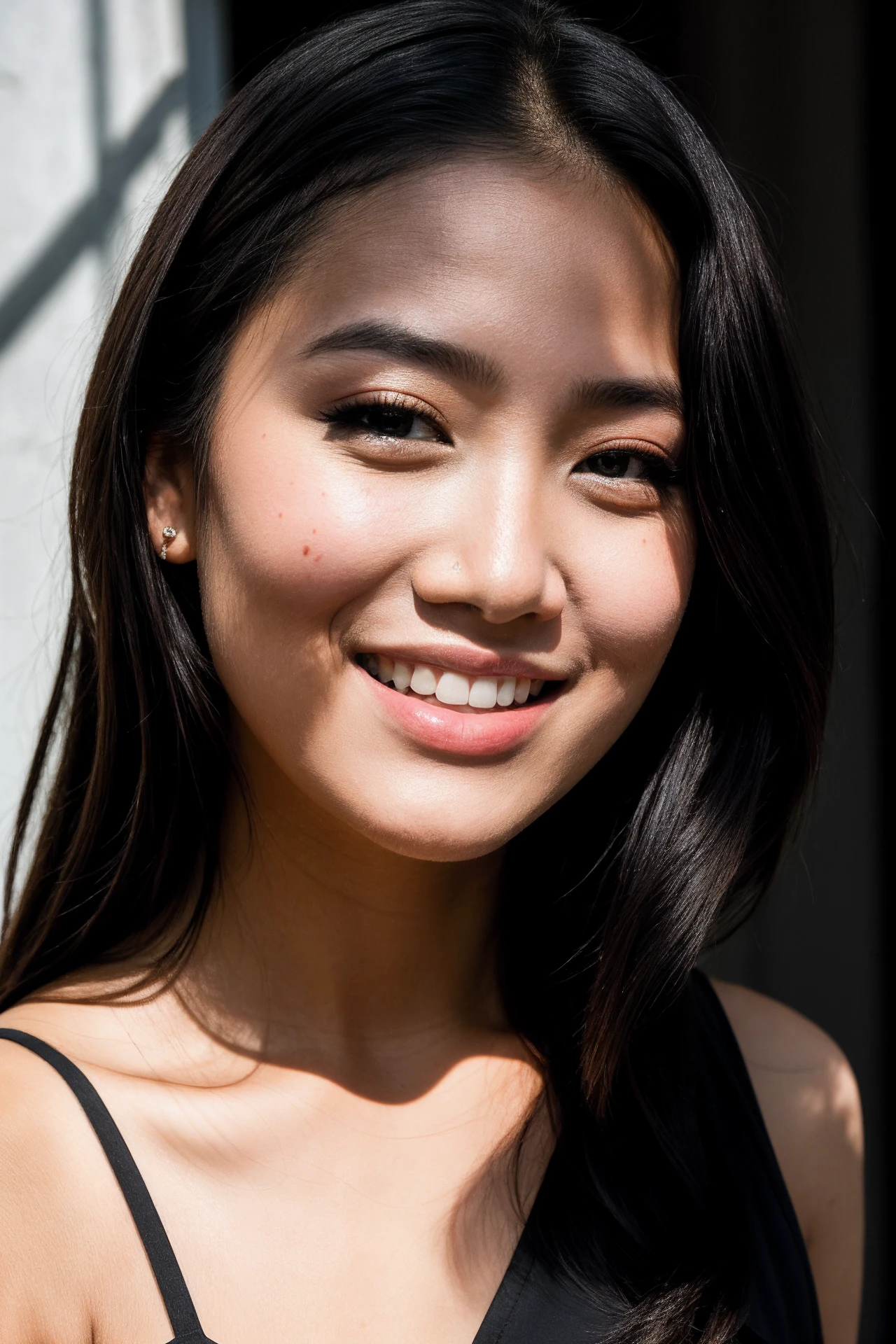 RAW photo, face portrait photo of beautiful 26 y.o woman, cute face, wearing black dress, happy face, hard shadows, cinematic shot, dramatic lighting, indonesian