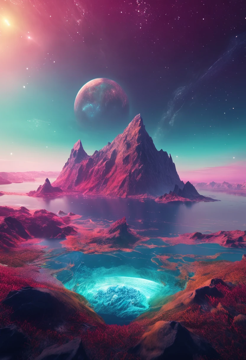 Somewhere in space. A mountain surrounded by the ocean. a planet of mysteries floating above the mountain. dark and colorful. everything is cosmic. 3D.