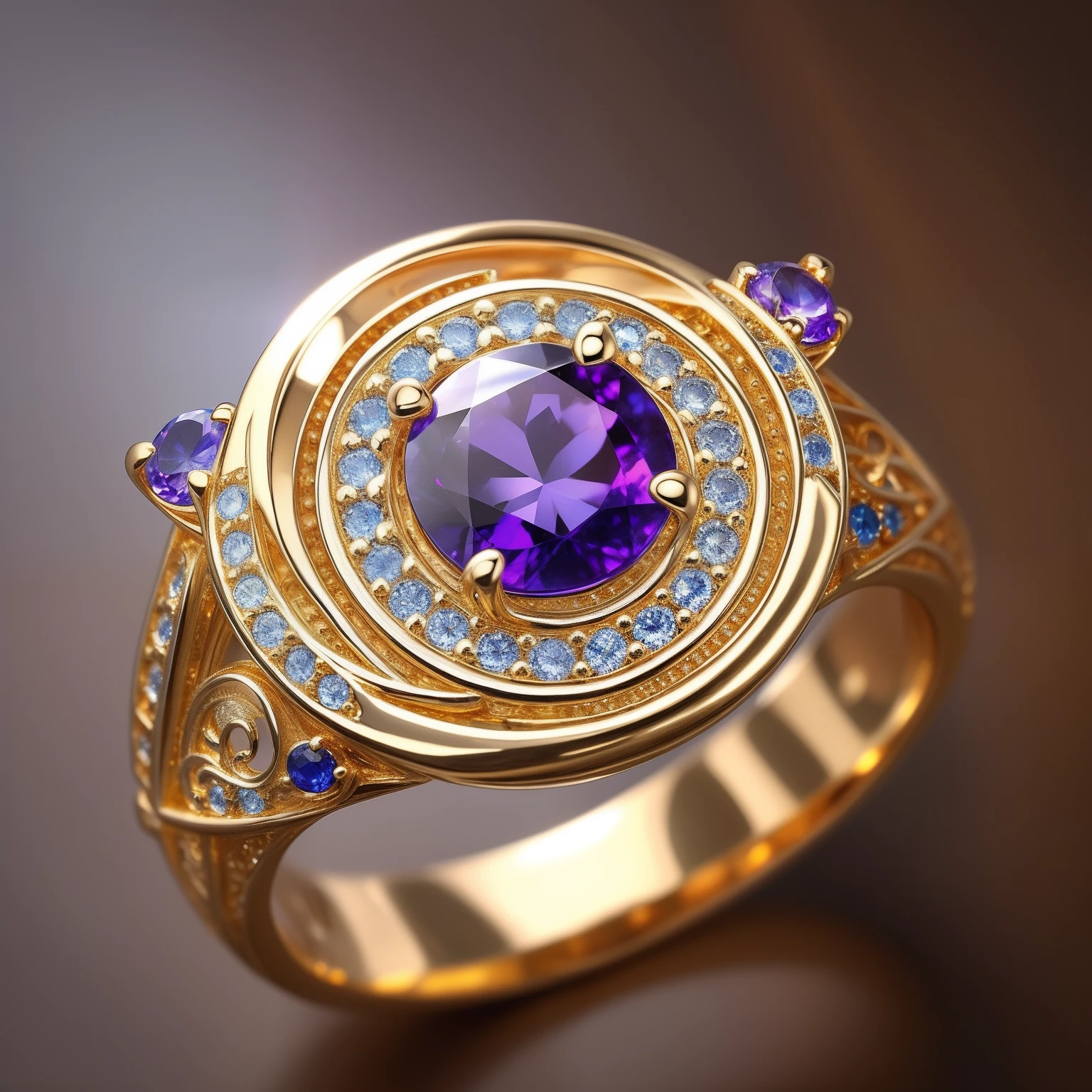 Masterpiece,highest quality,(Nothing but the ring),Beautiful ring, Ultra detailed,(No Man),Phoenix ring setting,starrysky,Wrapped around the end from beginning to end,Delicate gold ring,Starry sky in the ring,The sheen,inverted image,Sparkling blue-purple gemstones,Elegant and noble,simple backgound
