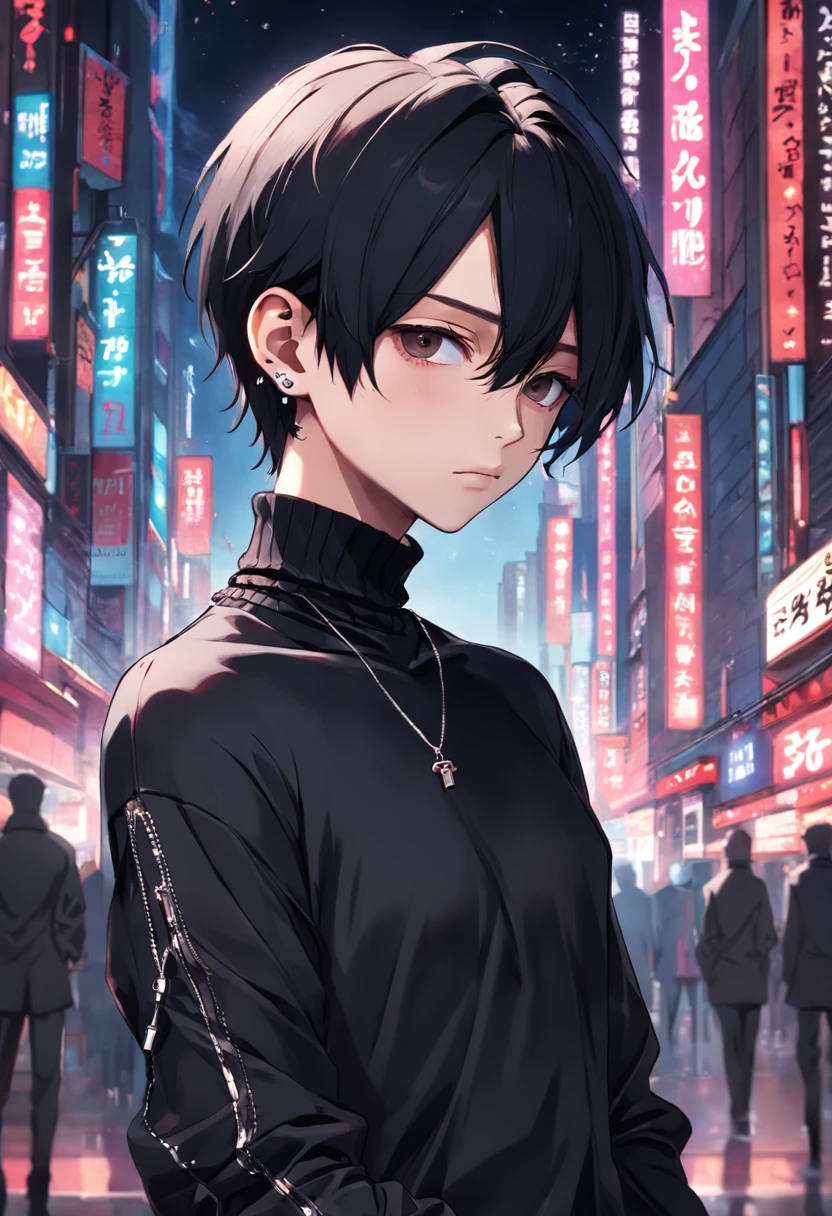 3D Kpop boy with piercing wearing a black turtle neck outfit, luxurious life