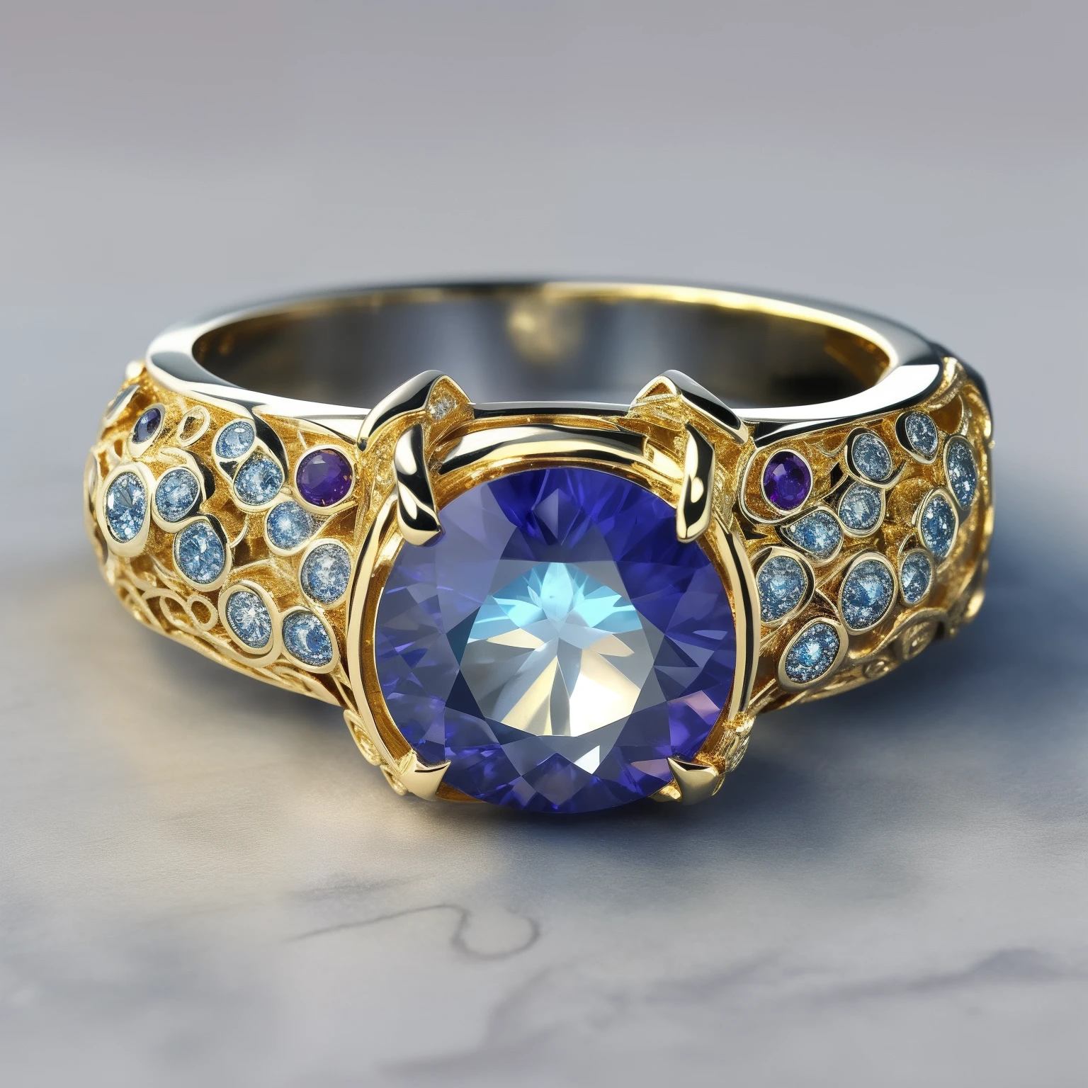 Masterpiece，highest  quality，(Nothing but the ring)，Beautiful ring, Ultra detailed，(No Man),Phoenix ring setting，starrysky，Wrapped around the end from beginning to end，Delicate gold ring，Starry sky in the ring,The sheen，inverted image，Sparkling blue-purple gemstones，Elegant and noble,simple backgound