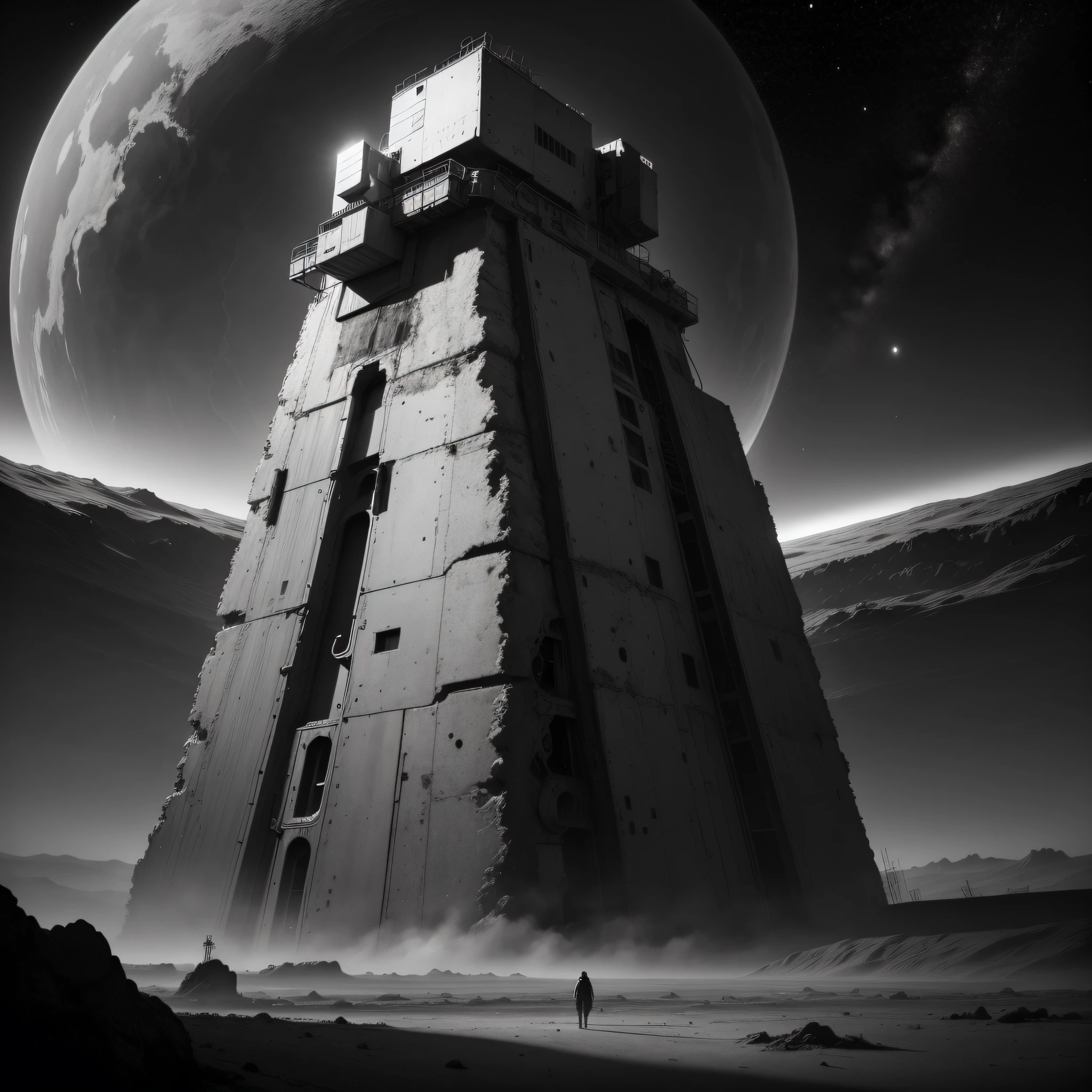 The camera is positioned in space, looking down on a dying Earth. The shot is captured using a high-resolution digital camera with a wide-angle lens, emphasizing the vastness and emptiness of space. The shot is treated with a gritty, high-contrast film look that adds to the stark and bleak atmosphere. The overall effect is inspired by the post-apocalyptic style of sci-fi artist Simon Stlenhag and documentary photographer Sebastio Salgado