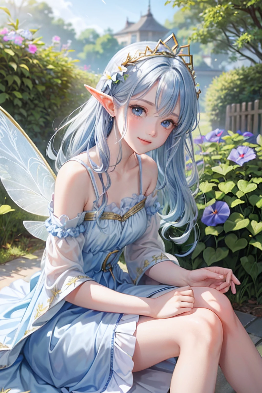 (Face Focus)、(1womanl、独奏、Crystal clear white skin、Beautiful fece)、(blue hairs、gray hair at the tips、Blue eyes、Elegant smile)、Morning glory fairy、Blue ruffled skirt and dress、fairy wings、Morning glory flowers are blooming、elf-ears、Morning glory、Garden under the morning sun、Gold crown on the head、Morning glory hair ornament、fairy wings on the back、portlate、All the same girls